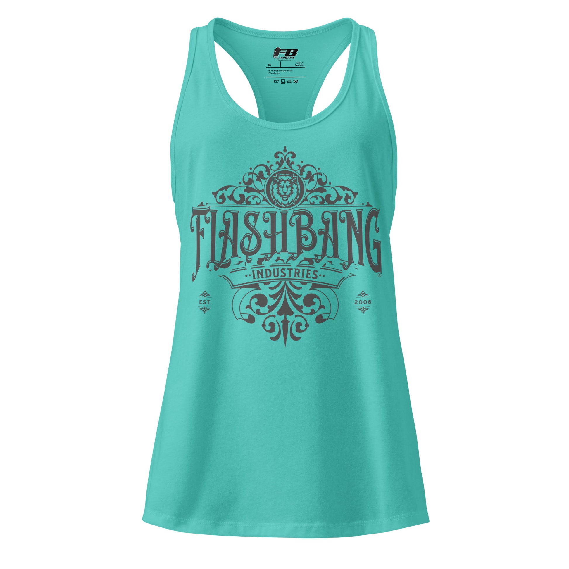 Turquoise tank top with 'Flashbang Industries' graphic design on a white background