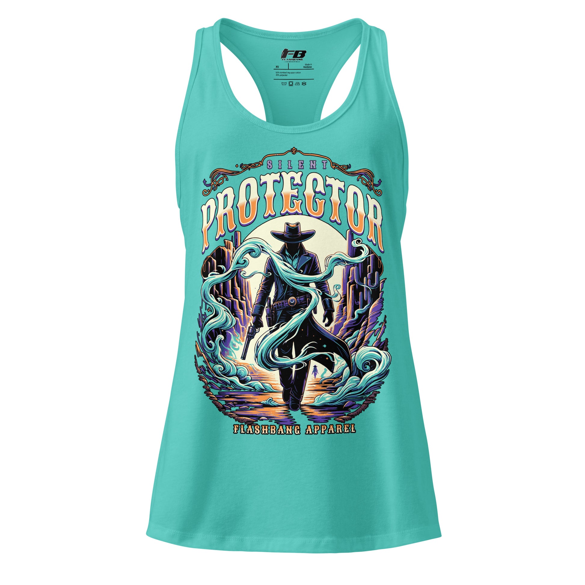 Turquoise tank top with graphic design and 'Flashbang Apparel' branding on a white background