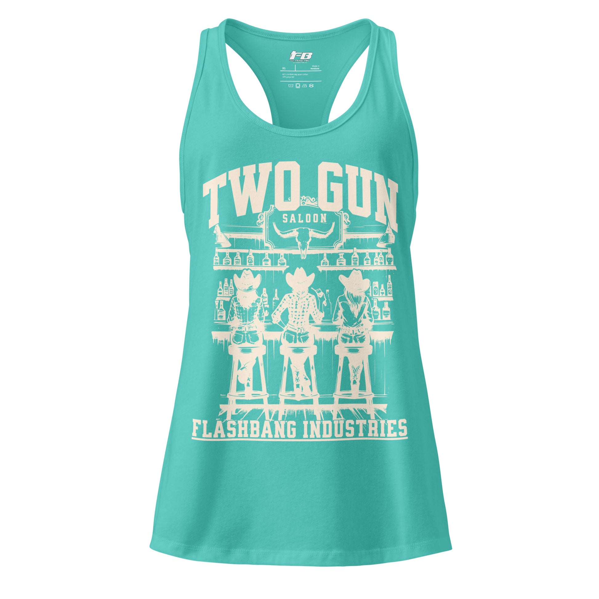 Turquoise tank top with white graphic design on a white background