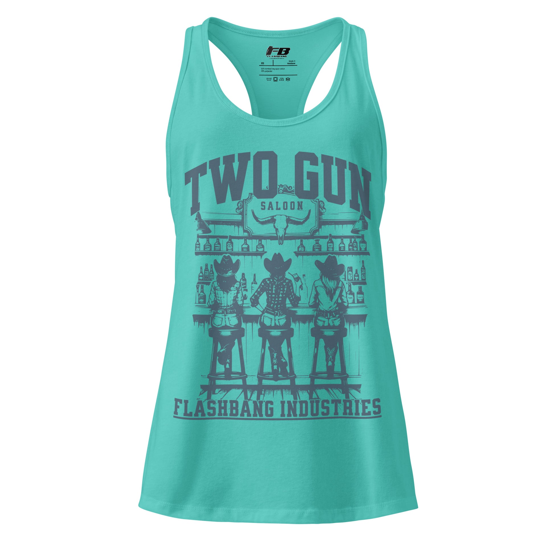 Turquoise tank top with graphic design and text on a white background
