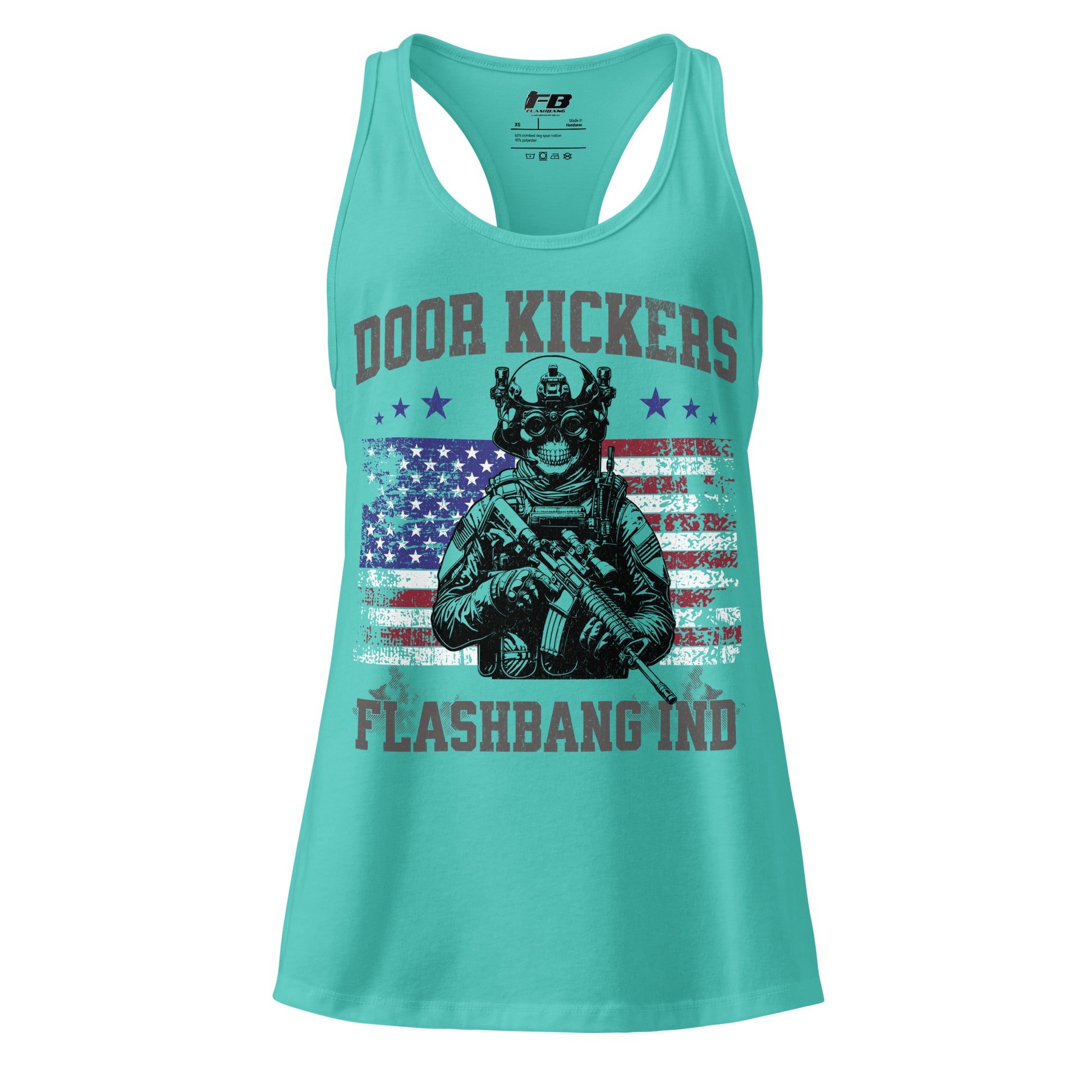 Turquoise tank top with graphic design and text on a white background