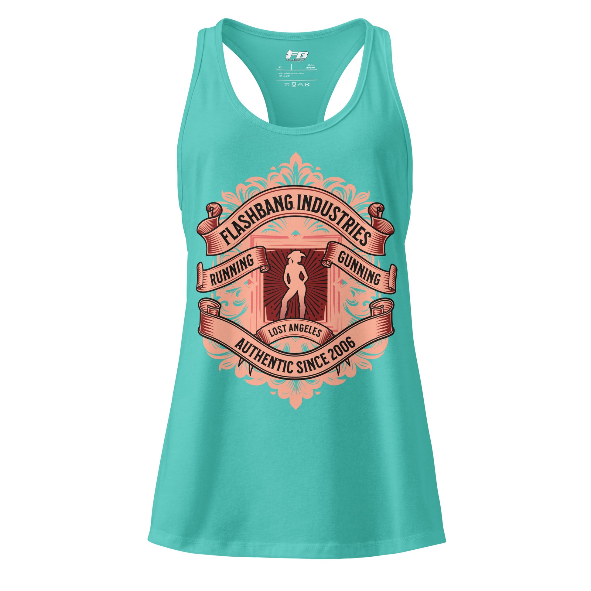Turquoise tank top with graphic design on a white background