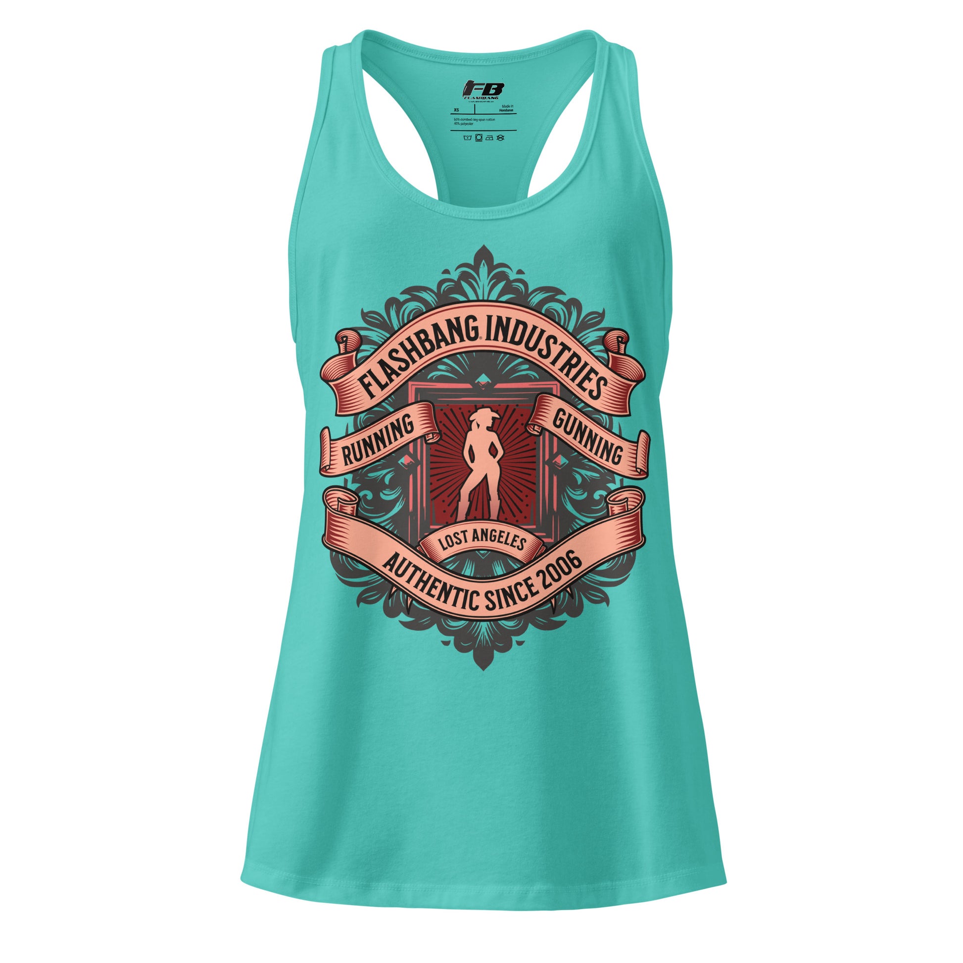 Turquoise tank top with graphic design and text on a white background