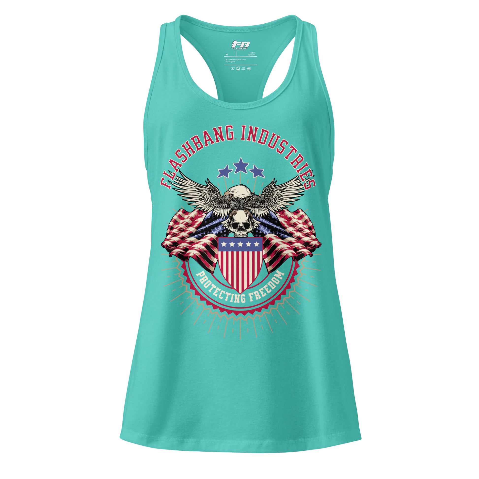 Turquoise tank top with graphic design featuring an eagle and American flag on a white background