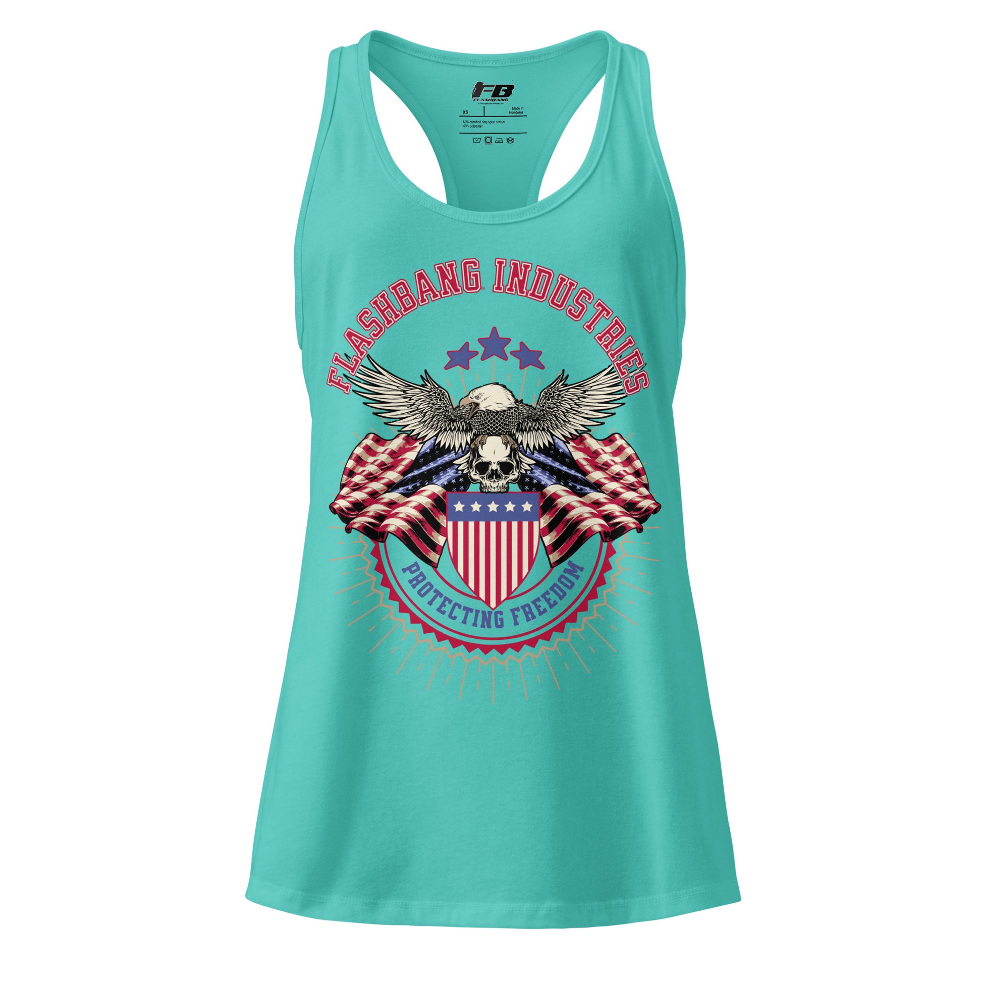Turquoise tank top with graphic design featuring an eagle and American flag on a white background