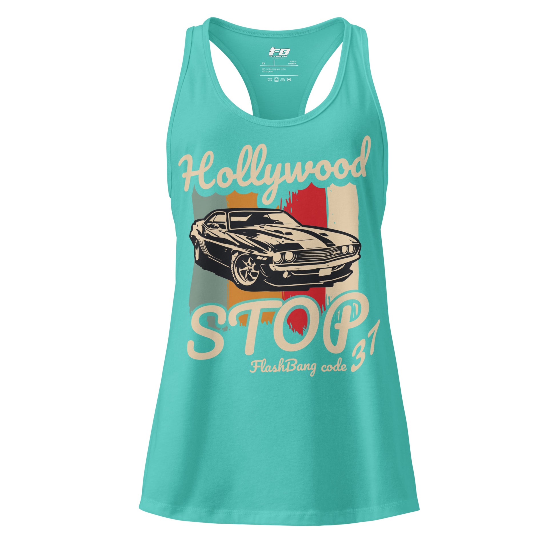 Turquoise tank top with vintage car graphic and 'Hollywood Stop' text on a white background