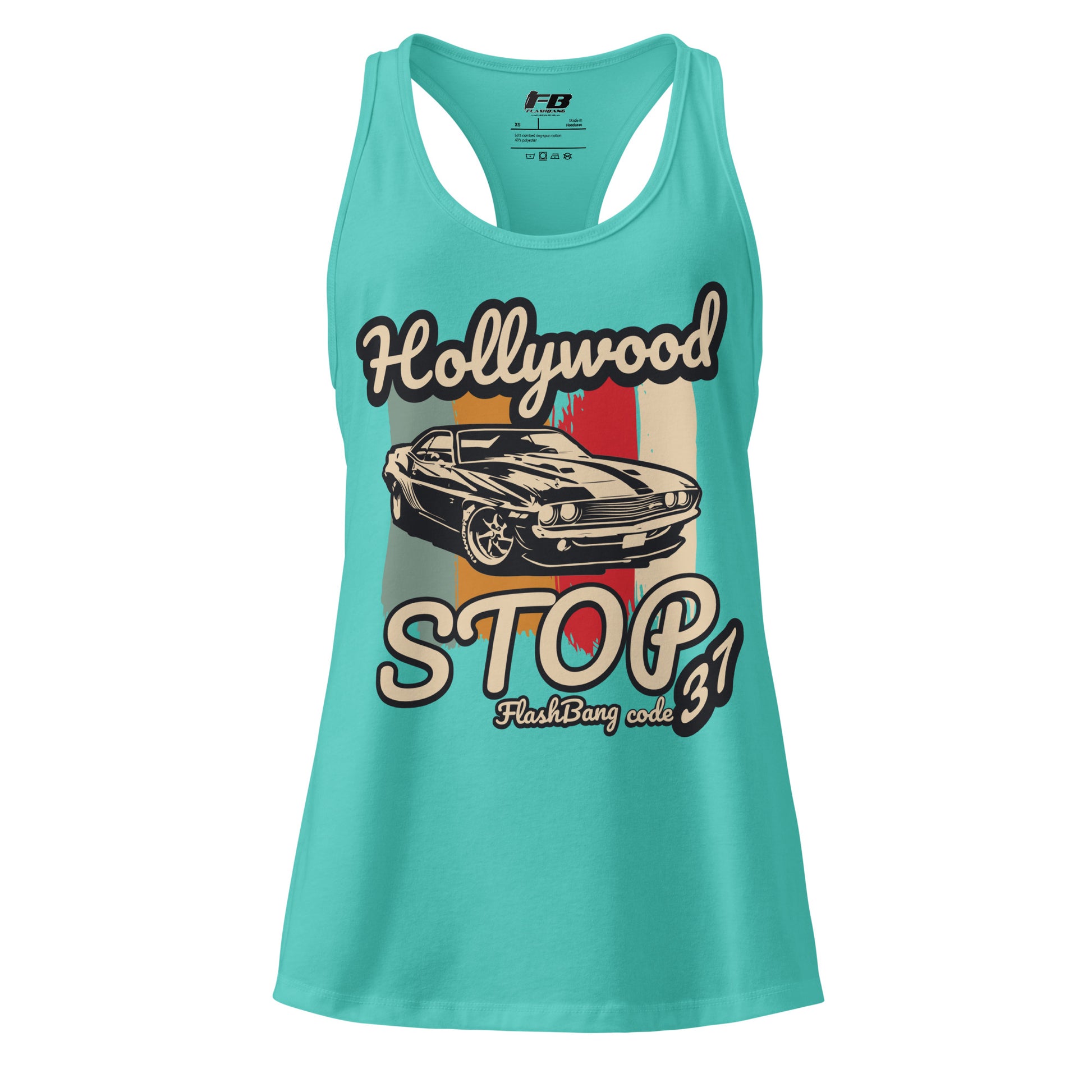 Turquoise tank top with vintage car graphic and text on a white background
