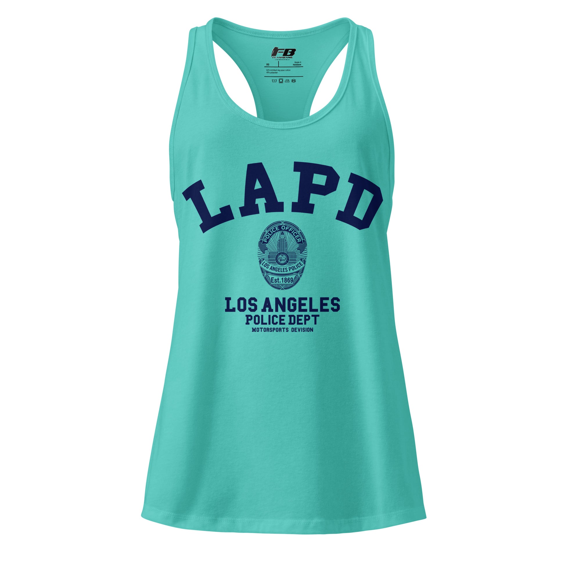 Turquoise tank top with LAPD Los Angeles Police Dept text on a white background
