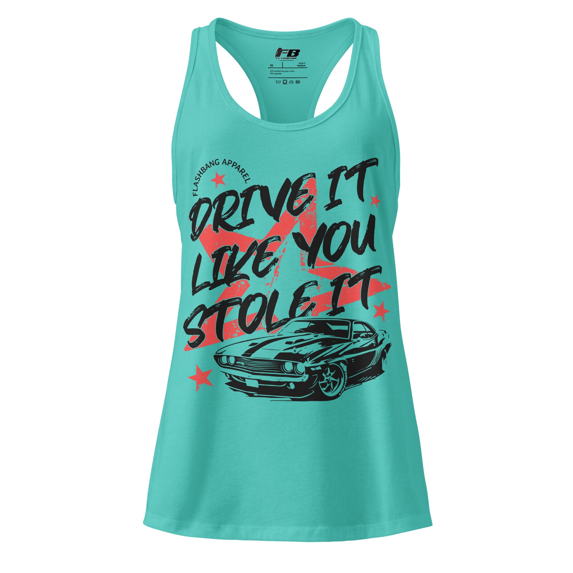 Turquoise tank top with graphic design and text on a white background
