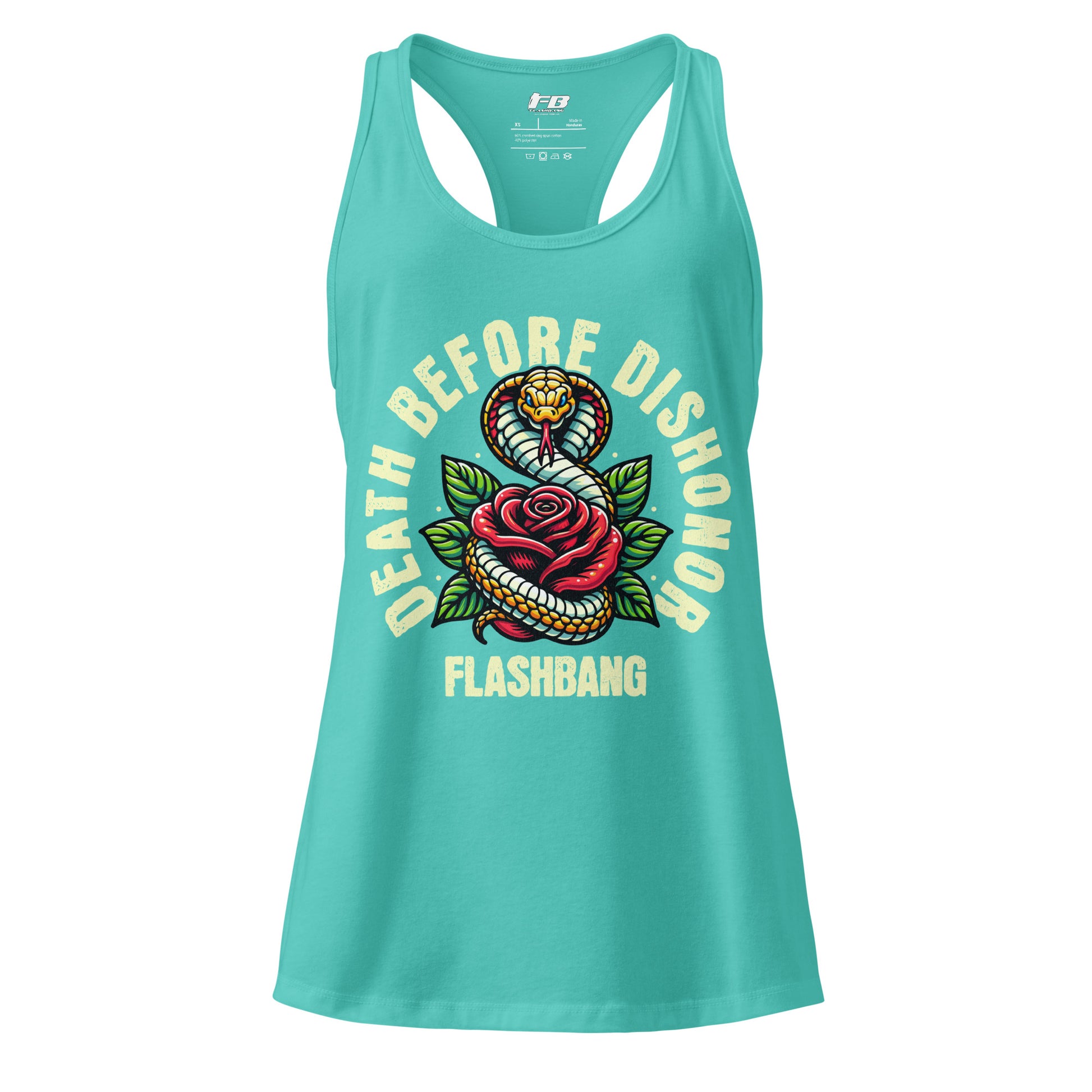 Turquoise tank top with snake and rose design and 'Flashbang' text on a white background