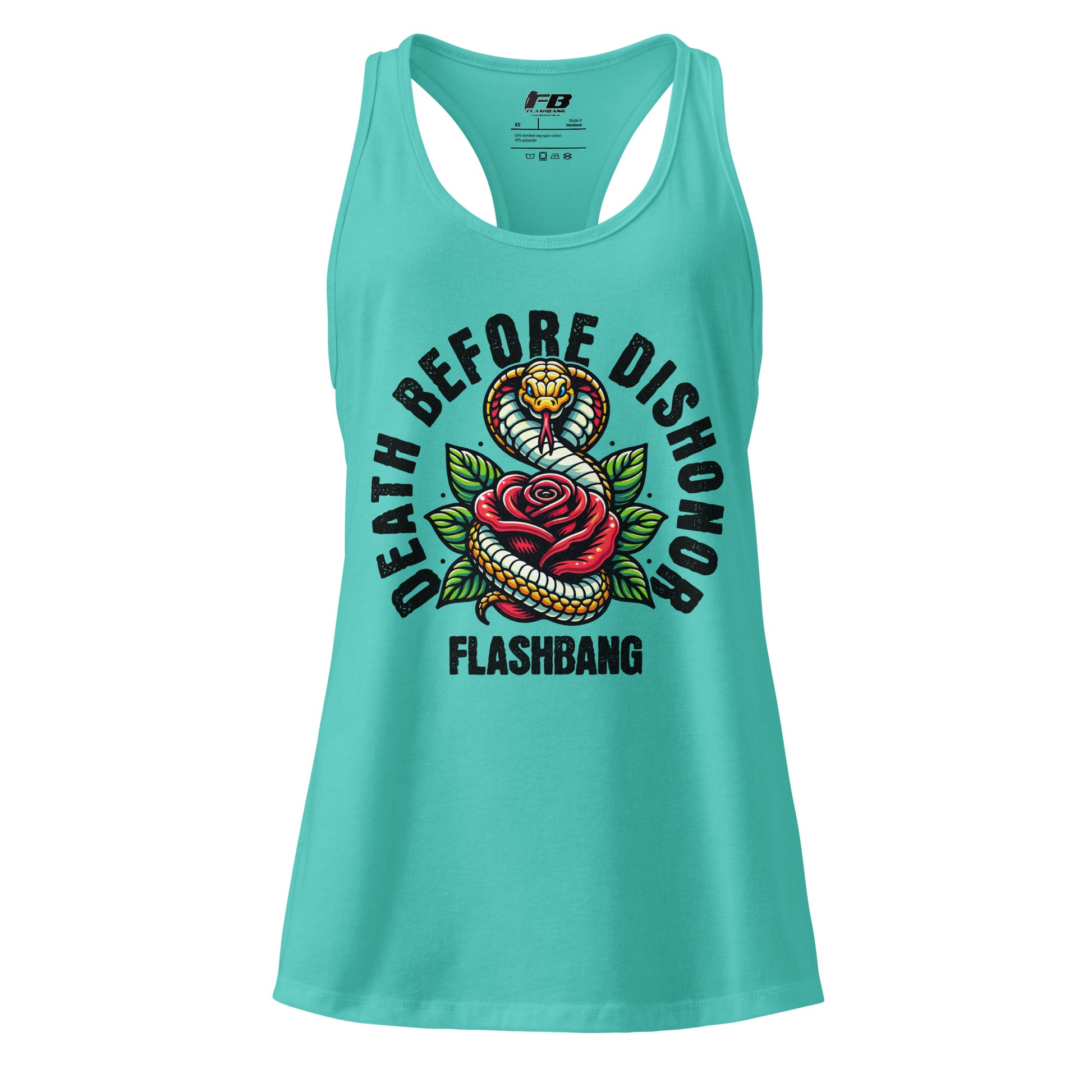 Turquoise tank top with snake and rose design and 'Flashbang' text on a white background