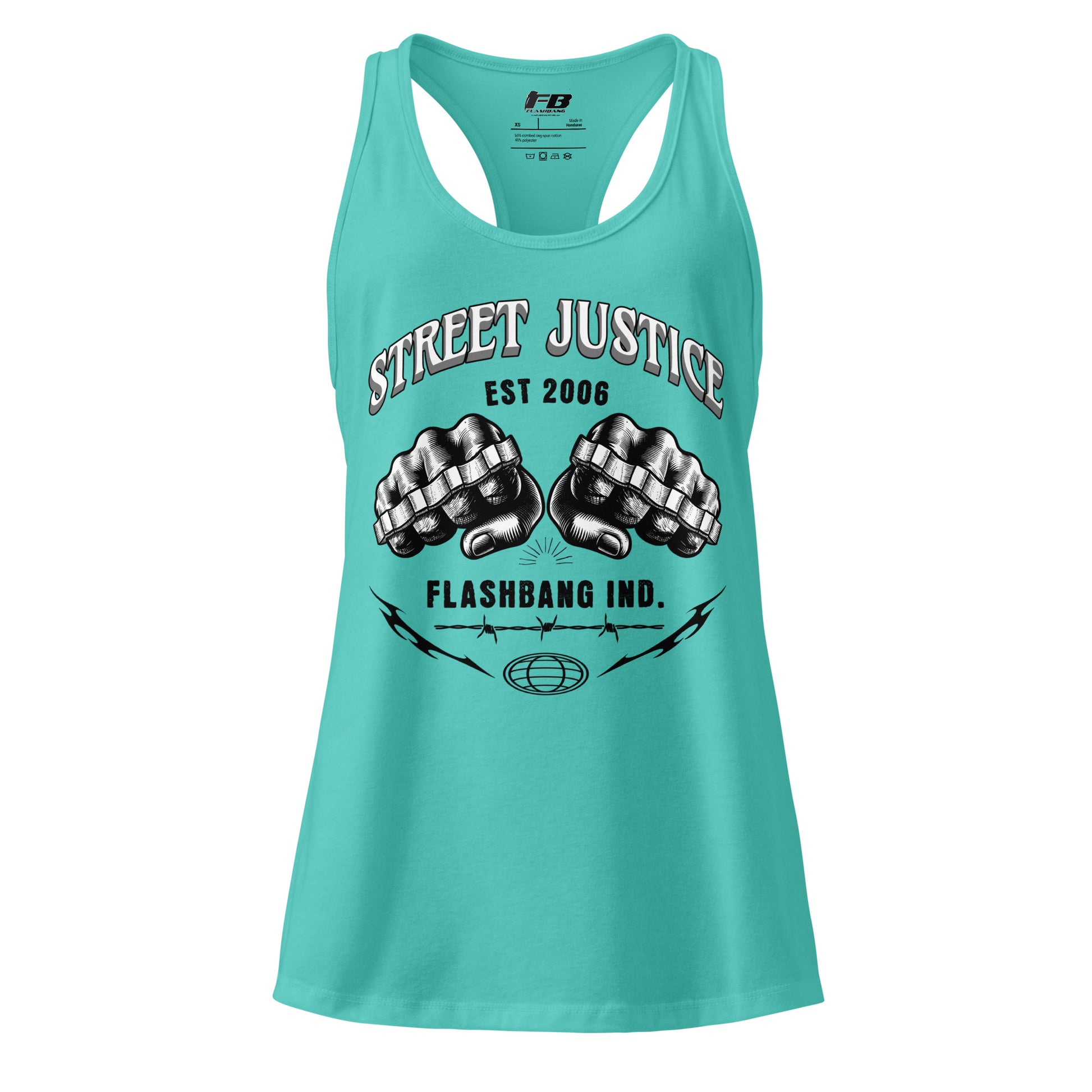 Turquoise tank top with 'Street Justice' and 'Flashbang Ind.' text on a white background