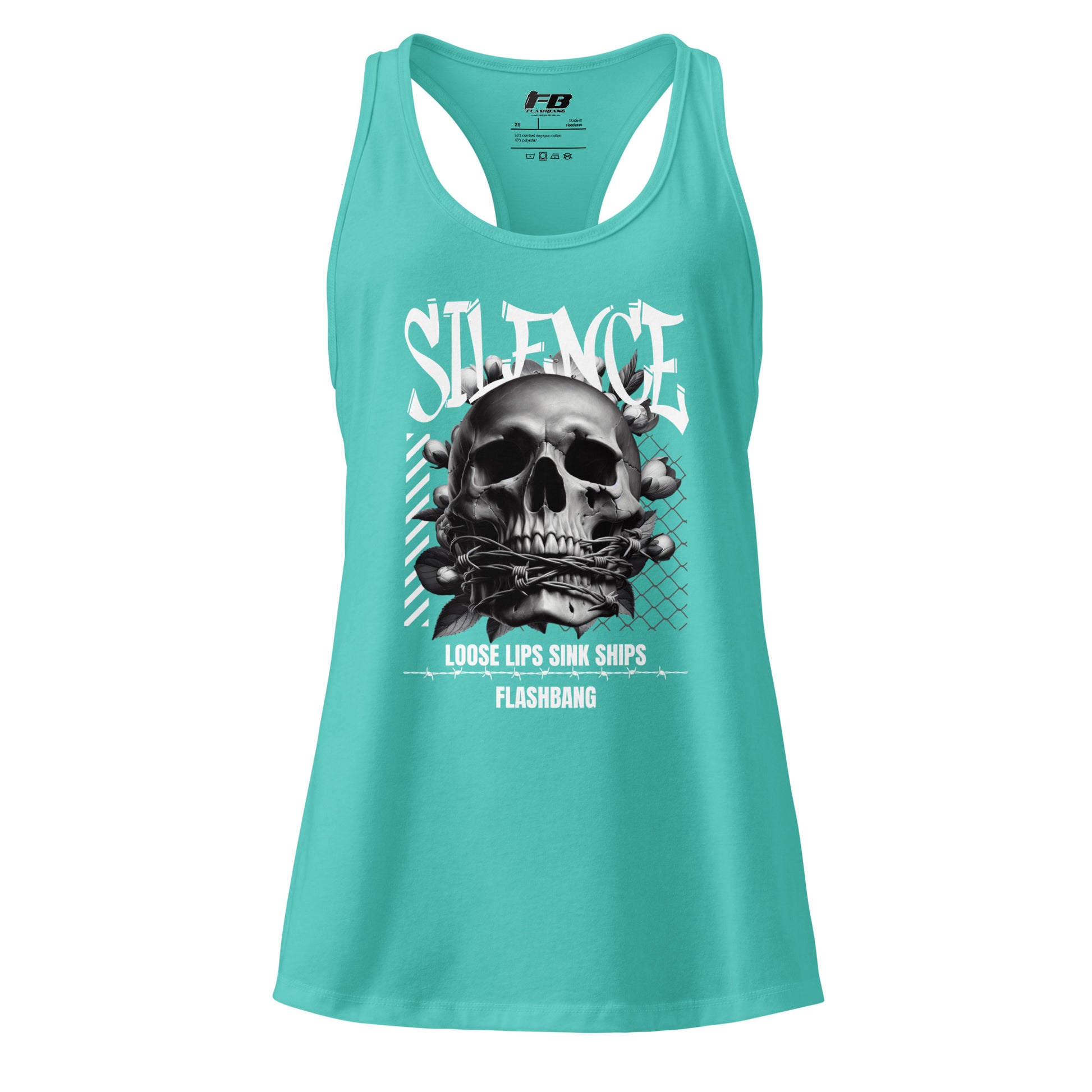Turquoise tank top with skull design and text on a white background