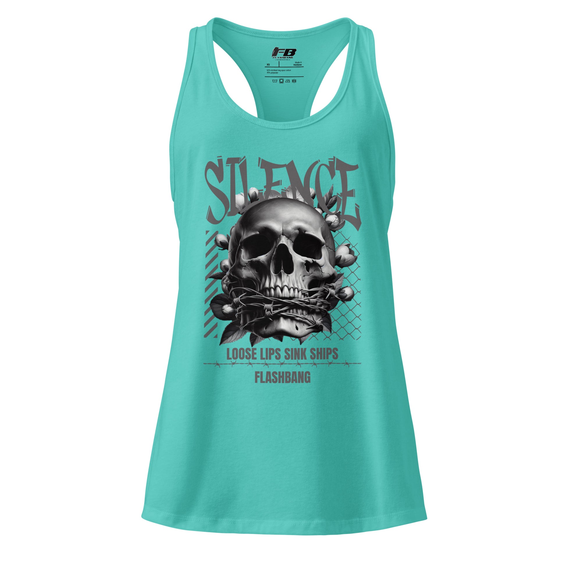 Turquoise tank top with skull design and text on a white background