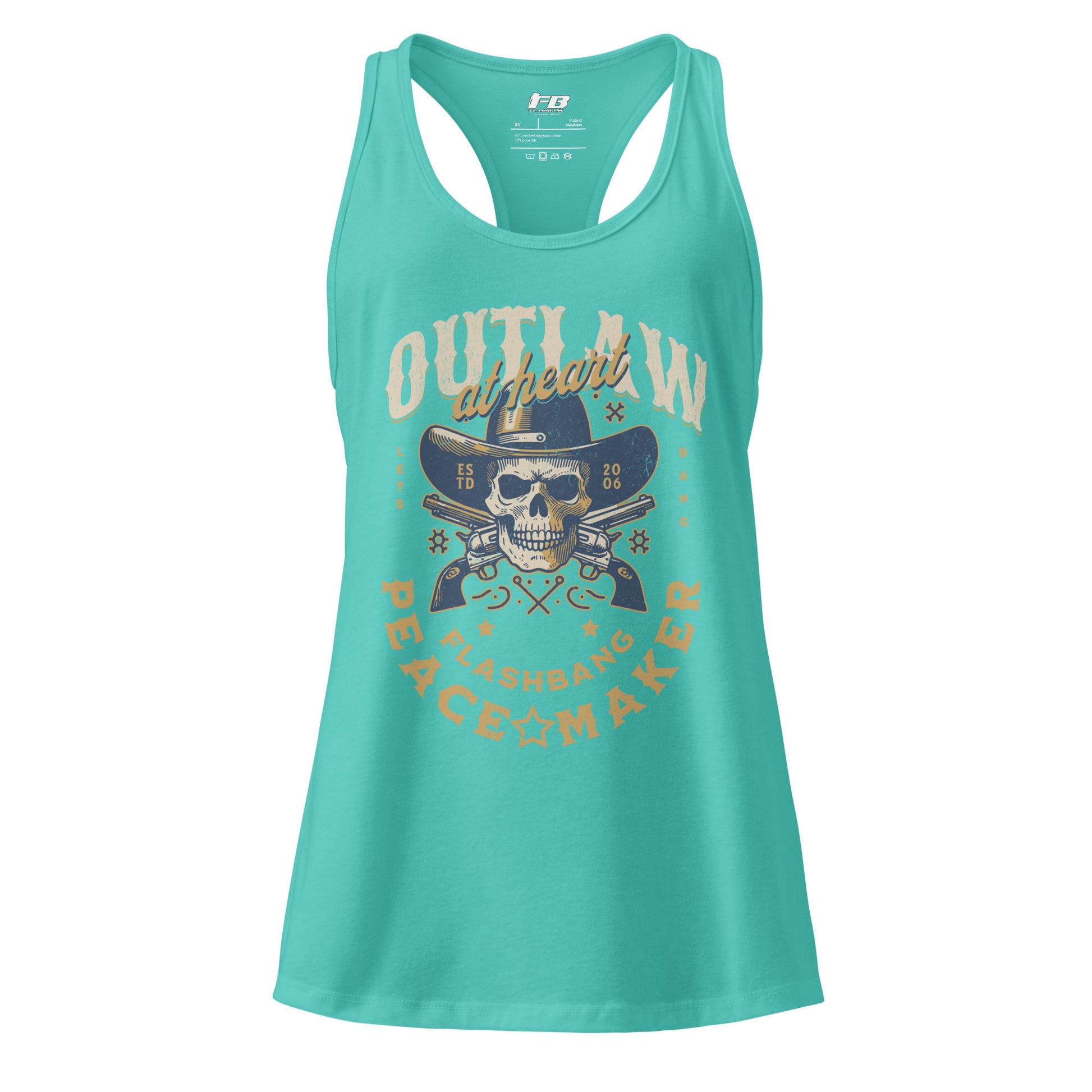 Turquoise tank top with graphic design and text on a white background