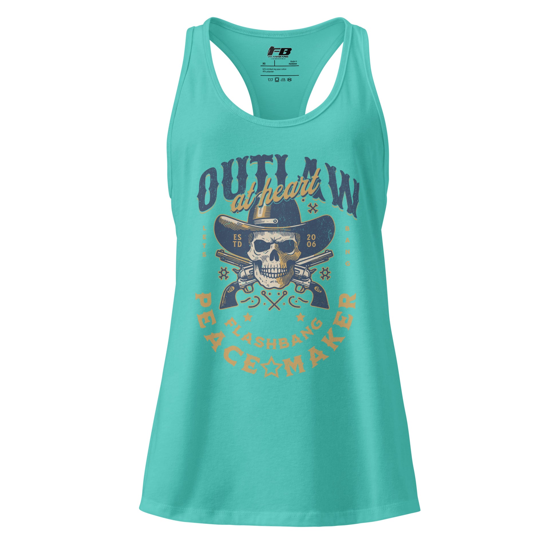 Turquoise tank top with graphic design and text on a white background