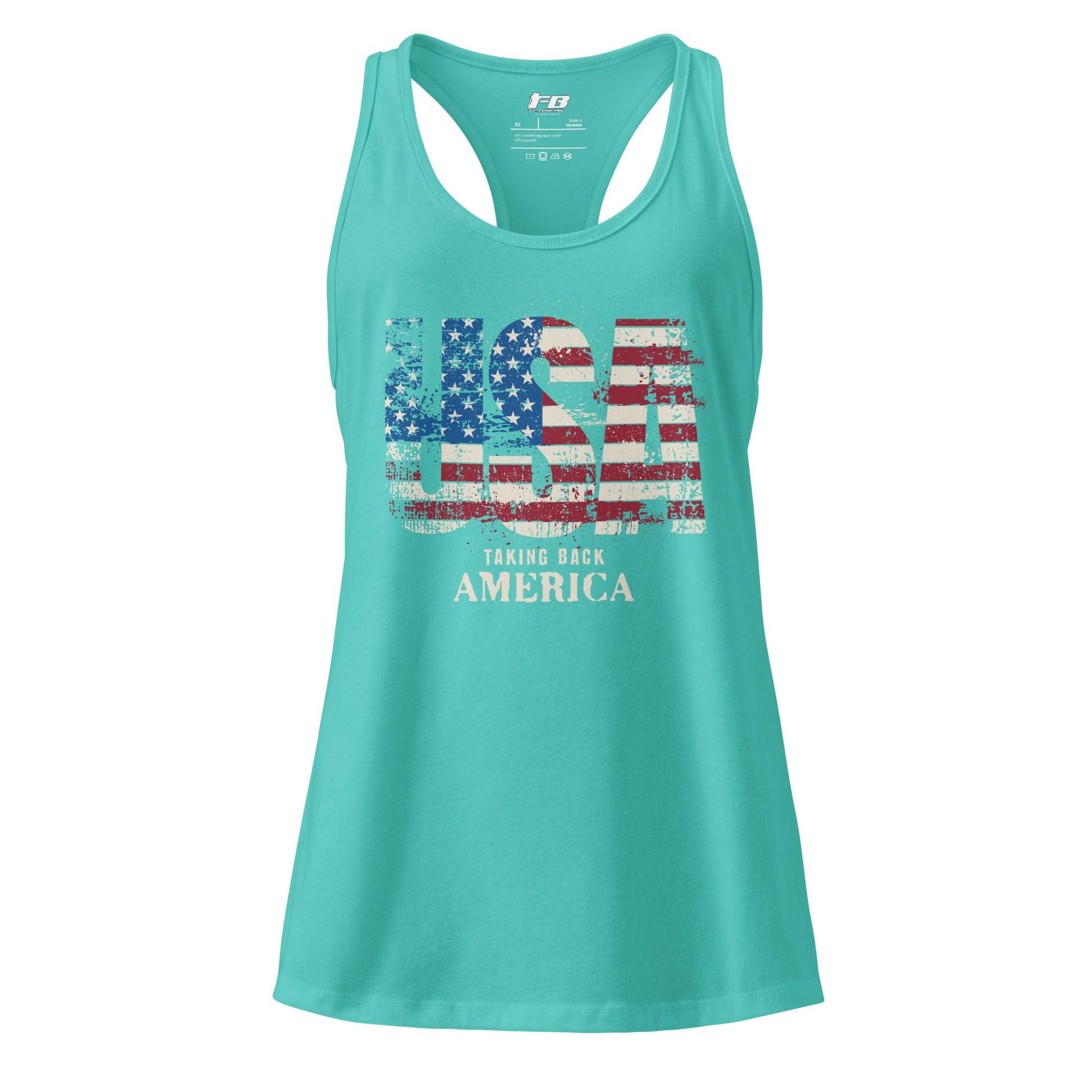 Turquoise tank top with American flag design and text on a white background