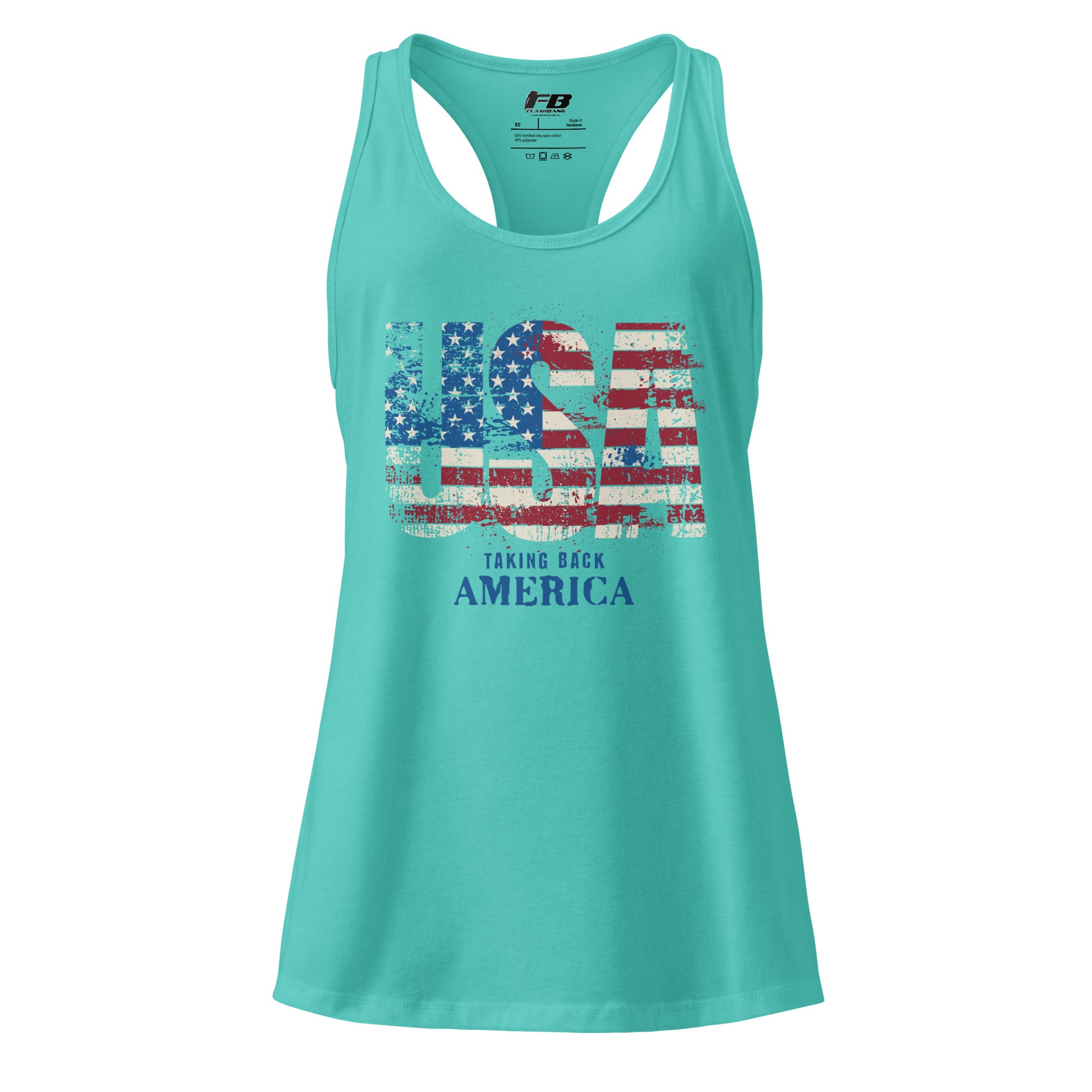 Turquoise tank top with American flag design and text on a white background