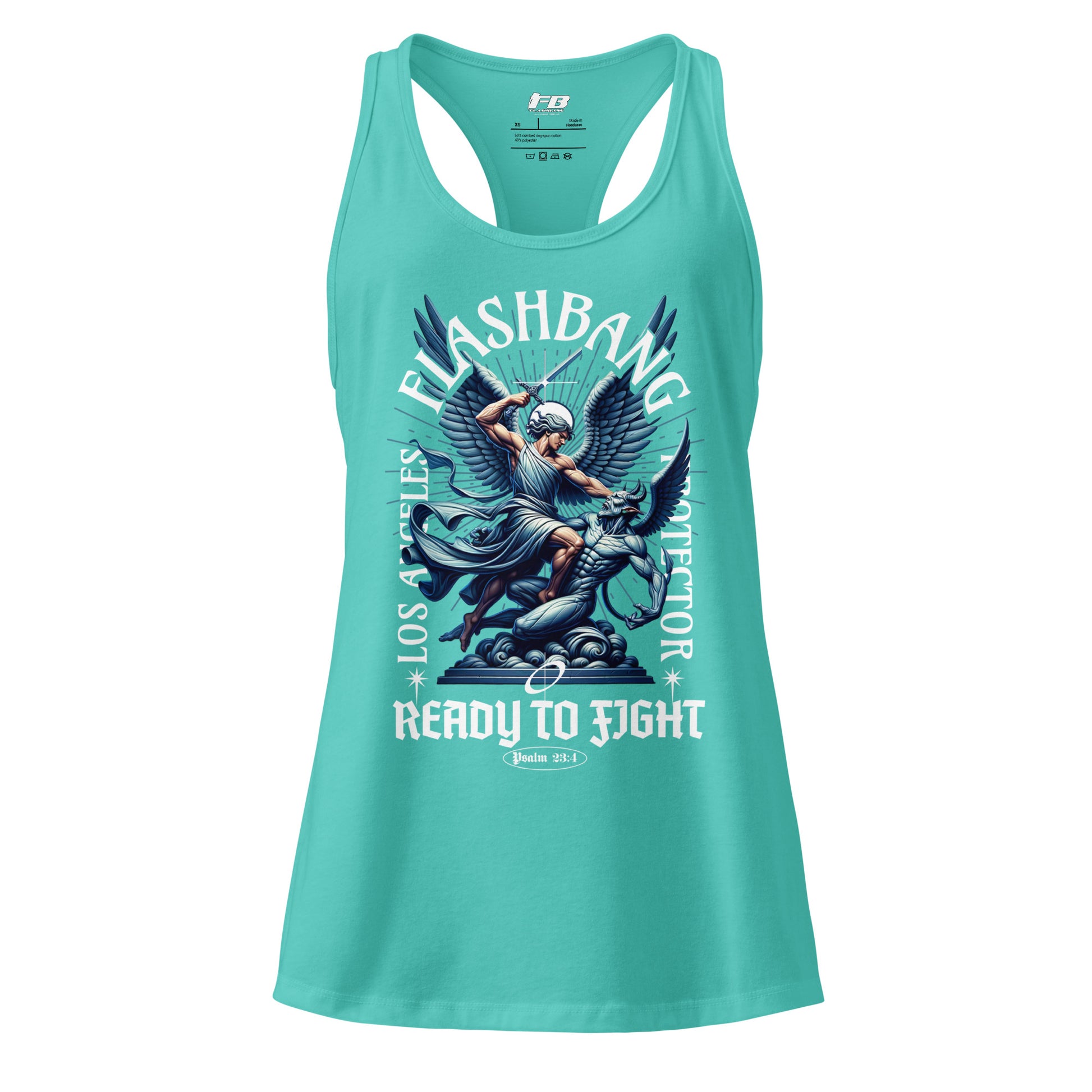 Turquoise tank top with graphic design and text on a white background
