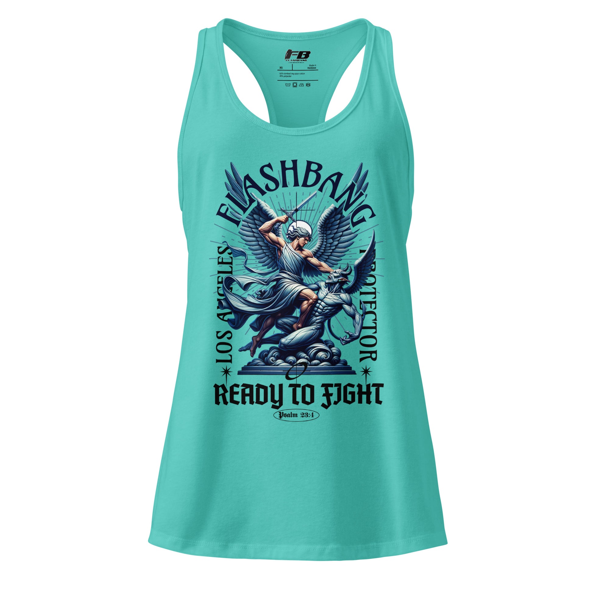 Turquoise tank top with graphic design and text on a white background
