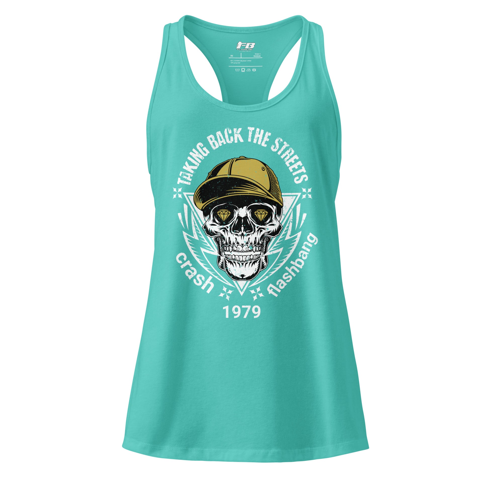 Turquoise tank top with skull and cap graphic and text on a white background