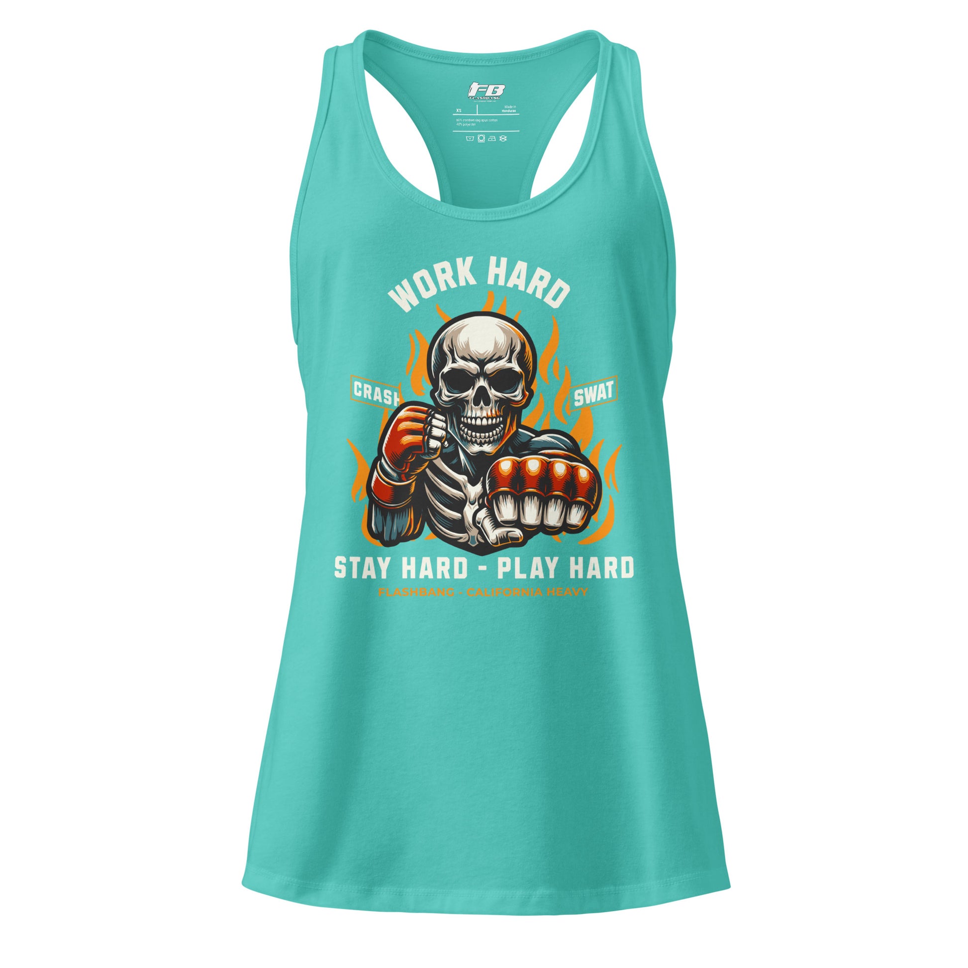 Turquoise tank top with a skeleton design and motivational text on a white background