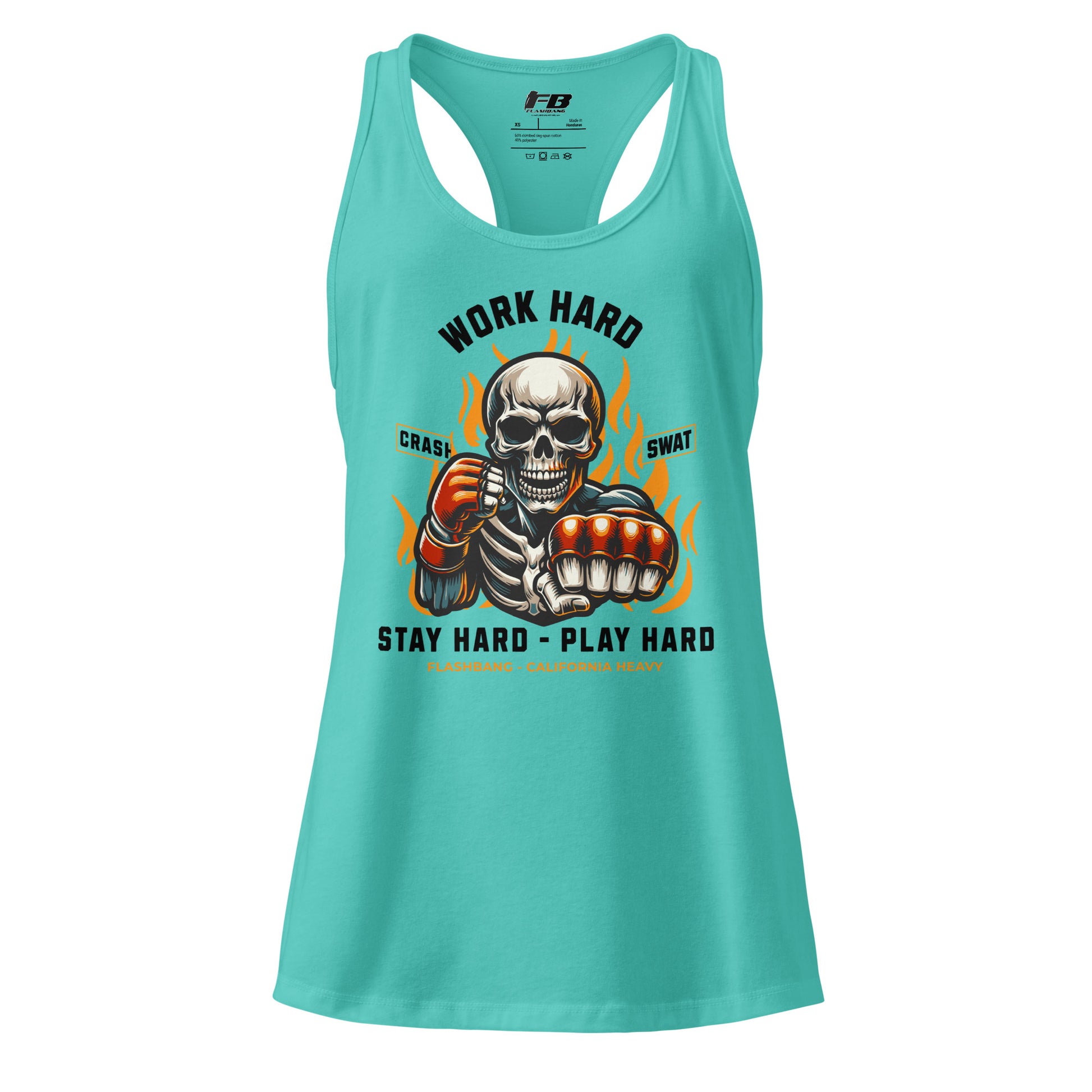 Turquoise tank top with a graphic design featuring a skeleton and text on a white background