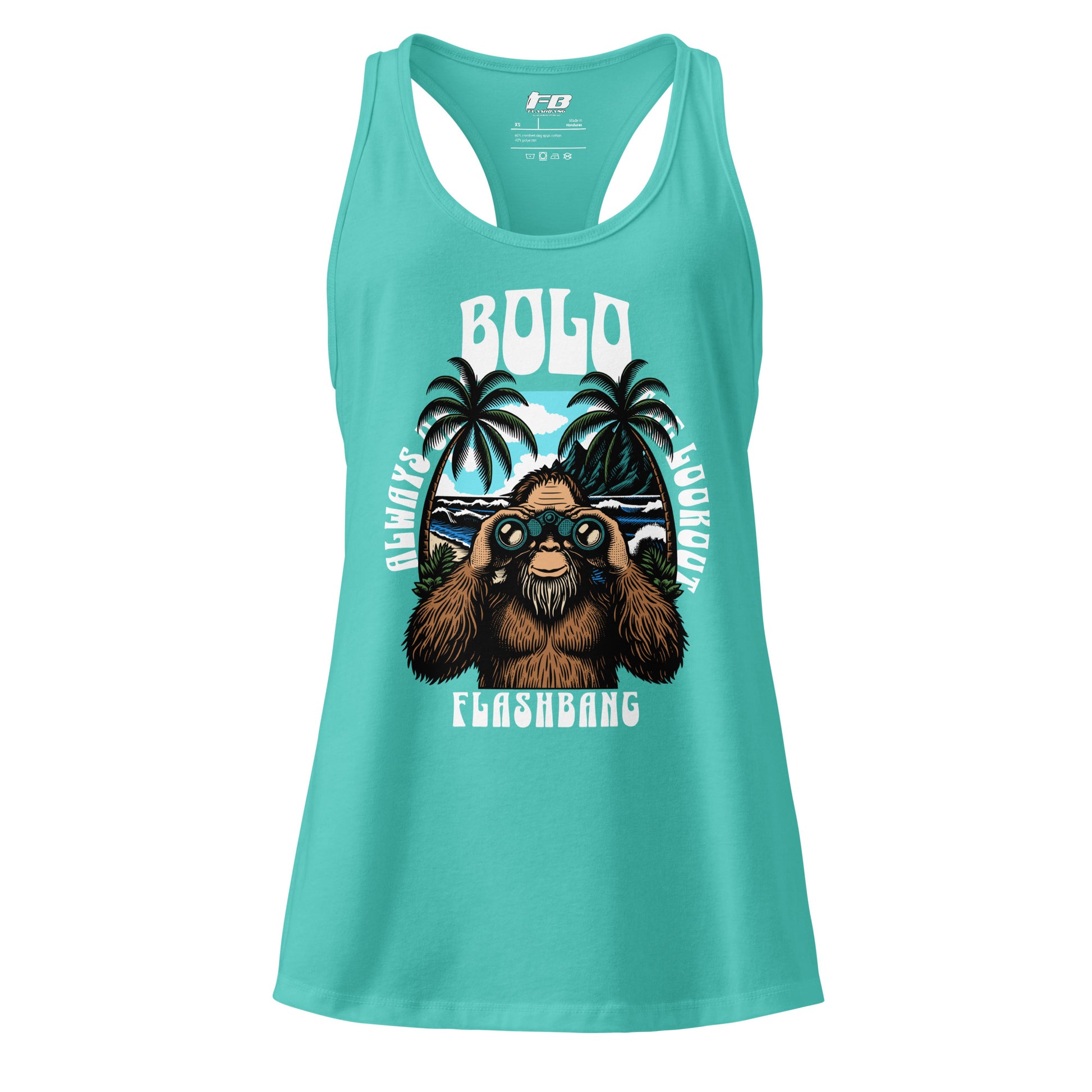 Turquoise tank top with a graphic of a monkey and text on a white background
