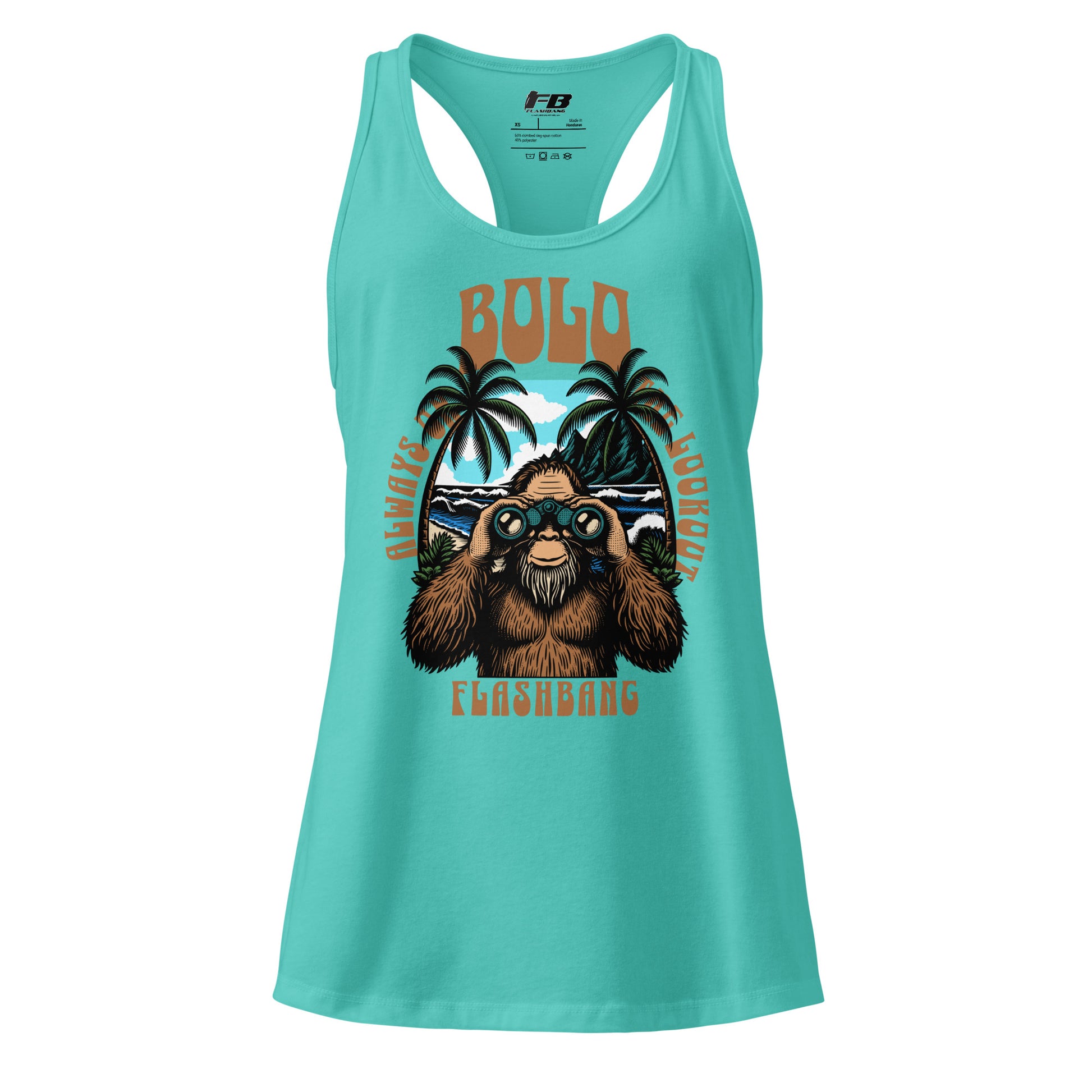 Turquoise tank top with a graphic of a sloth and palm trees on a white background