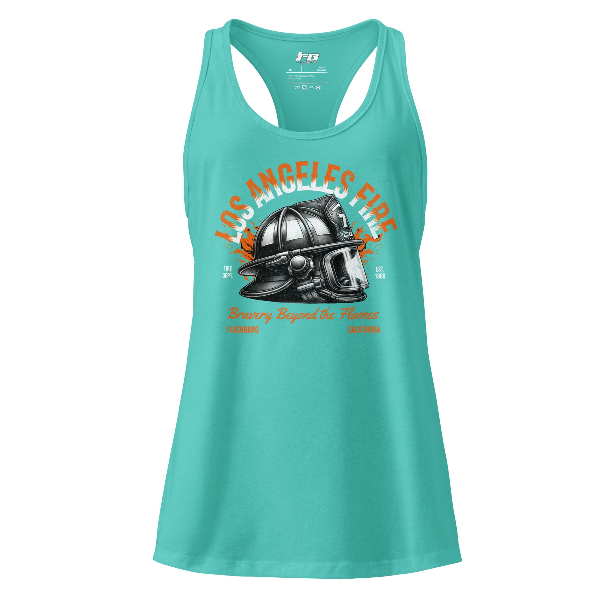Turquoise tank top with Los Angeles Fire Department graphic on a white background