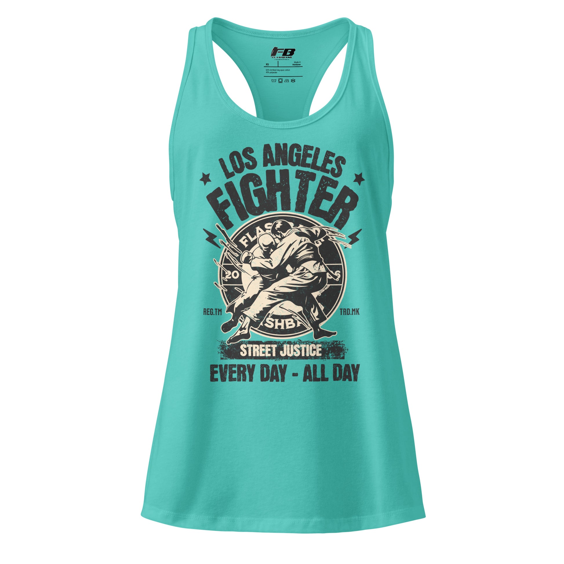 Turquoise tank top with 'Los Angeles Fighter' graphic design on a white background