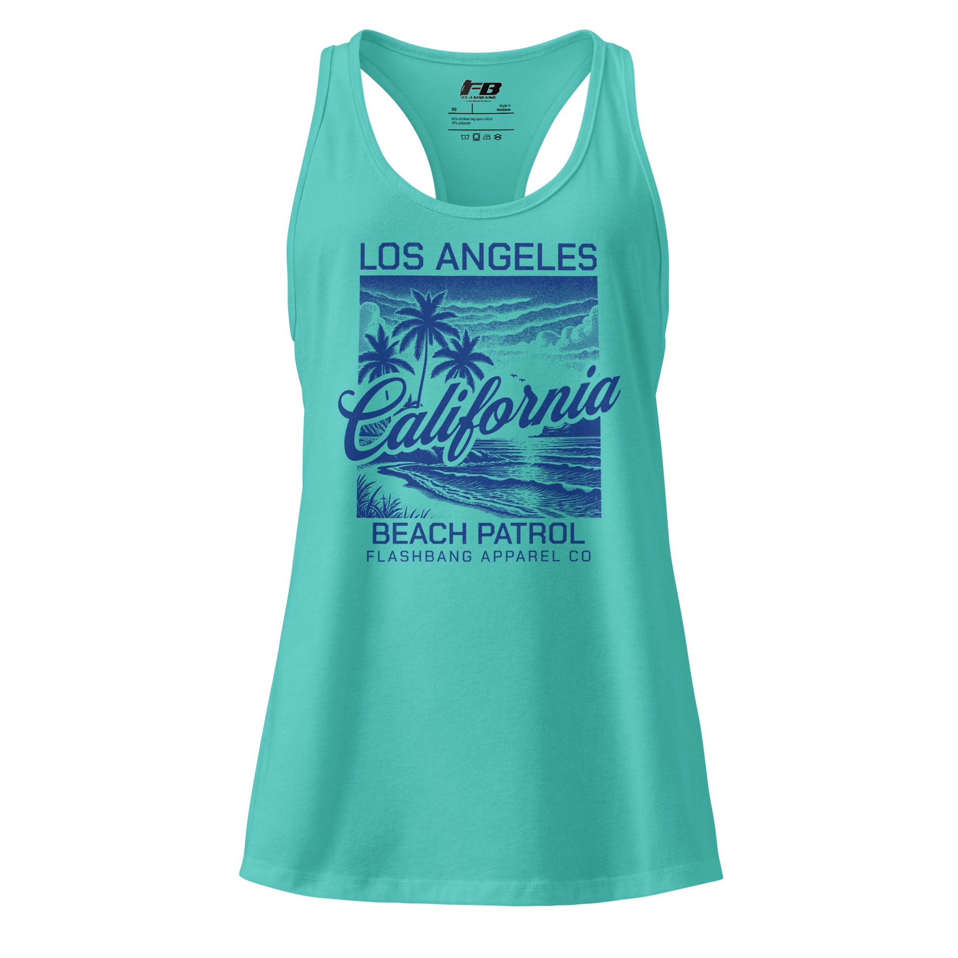 Turquoise tank top with 'Los Angeles California Beach Patrol' design on a white background