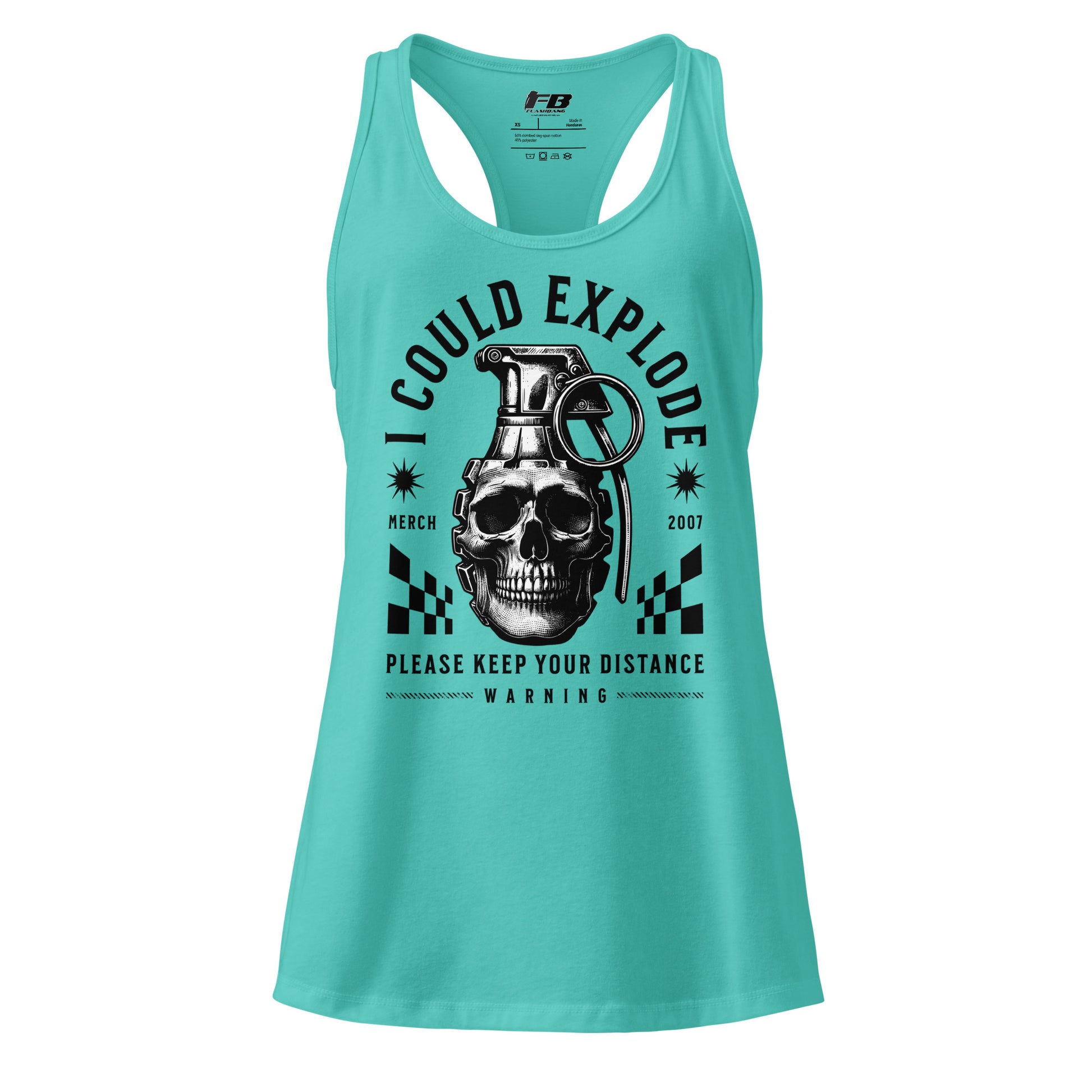 Turquoise tank top with graphic design and text on a white background