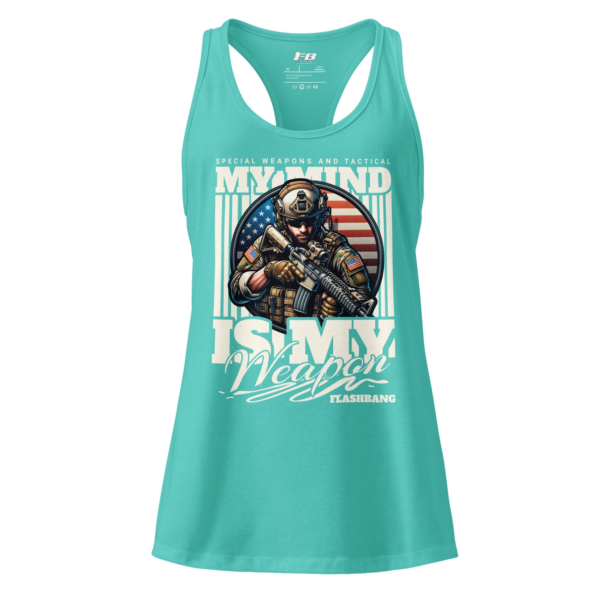 Turquoise tank top with graphic design and text on a white background