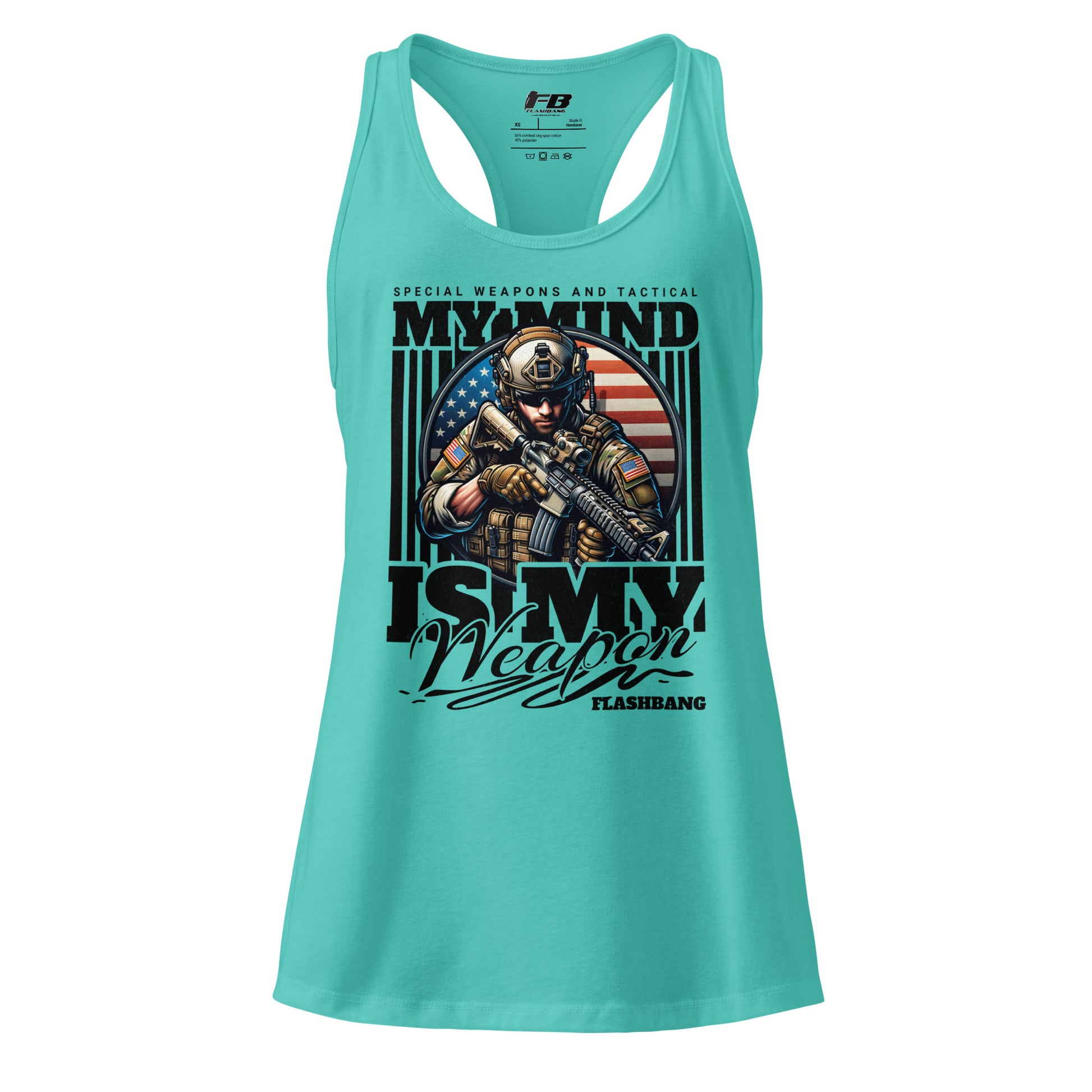 Turquoise tank top with graphic design and text on a white background
