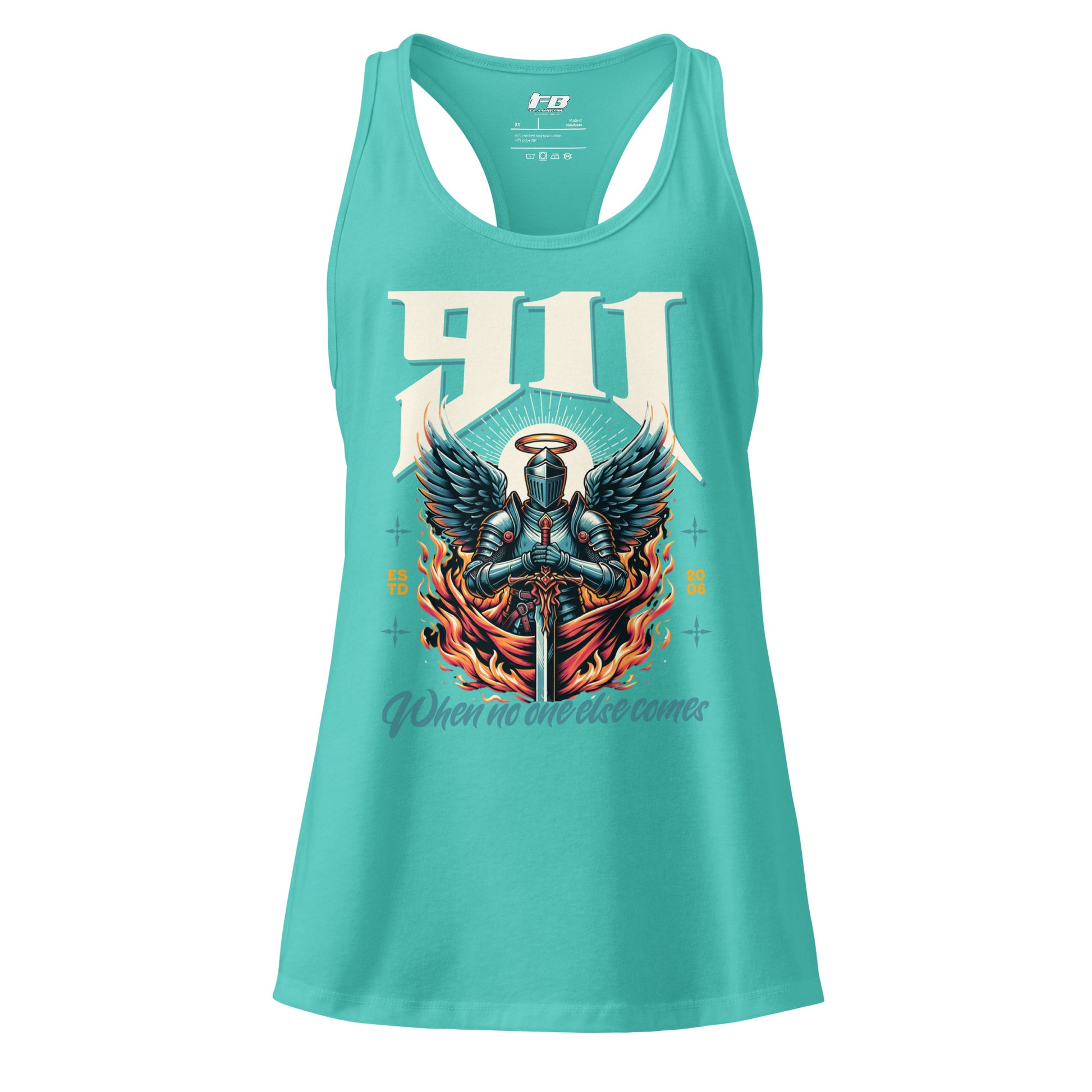 Turquoise tank top with angel and demon design and 'FB' logo on a white background