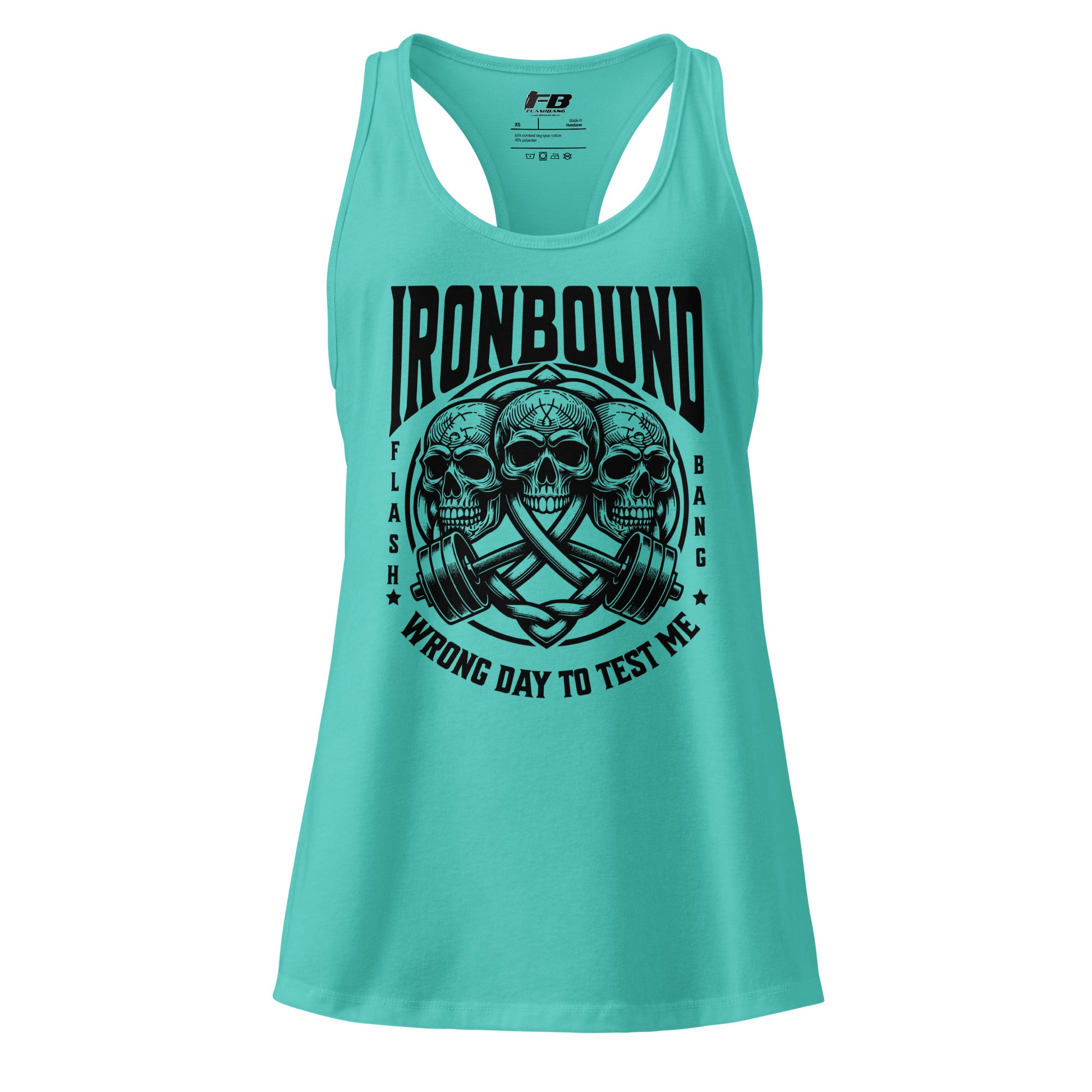 Turquoise tank top with black graphic design and text on a white background