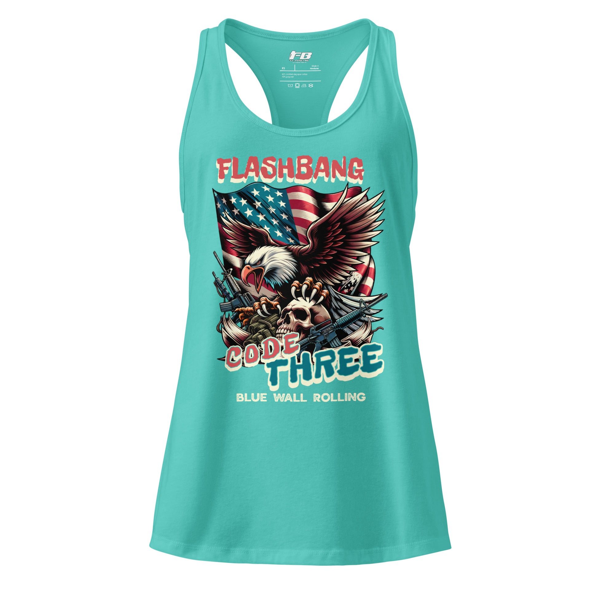 Turquoise tank top with 'Flashbang Code Three' graphic design on a white background