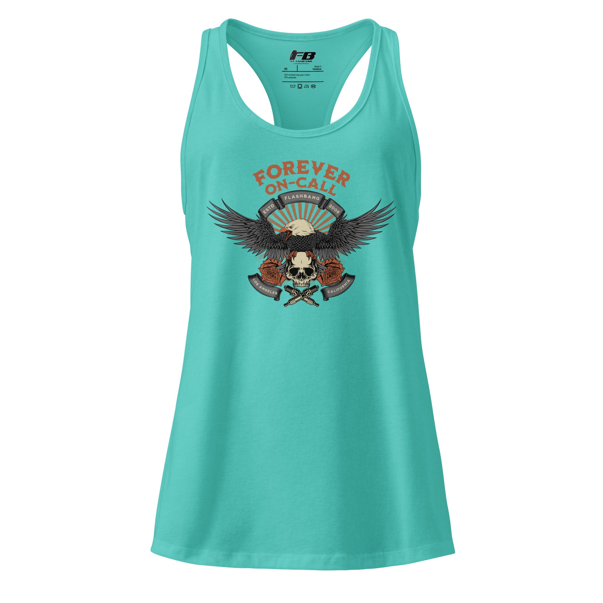 Turquoise tank top with graphic design and 'FB' logo on a white background