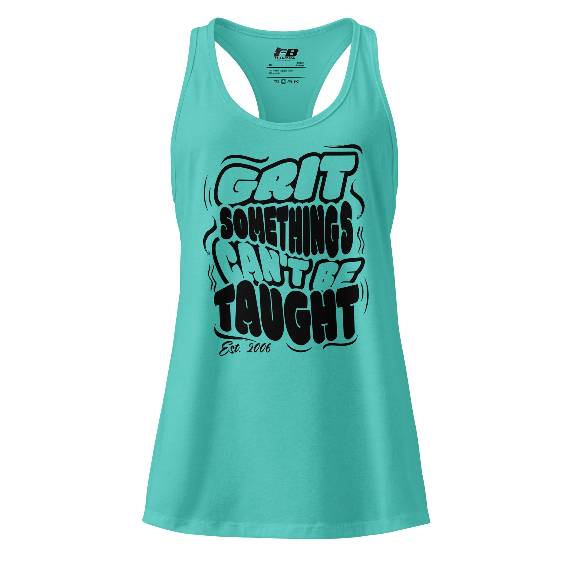 Turquoise tank top with motivational text on a white background