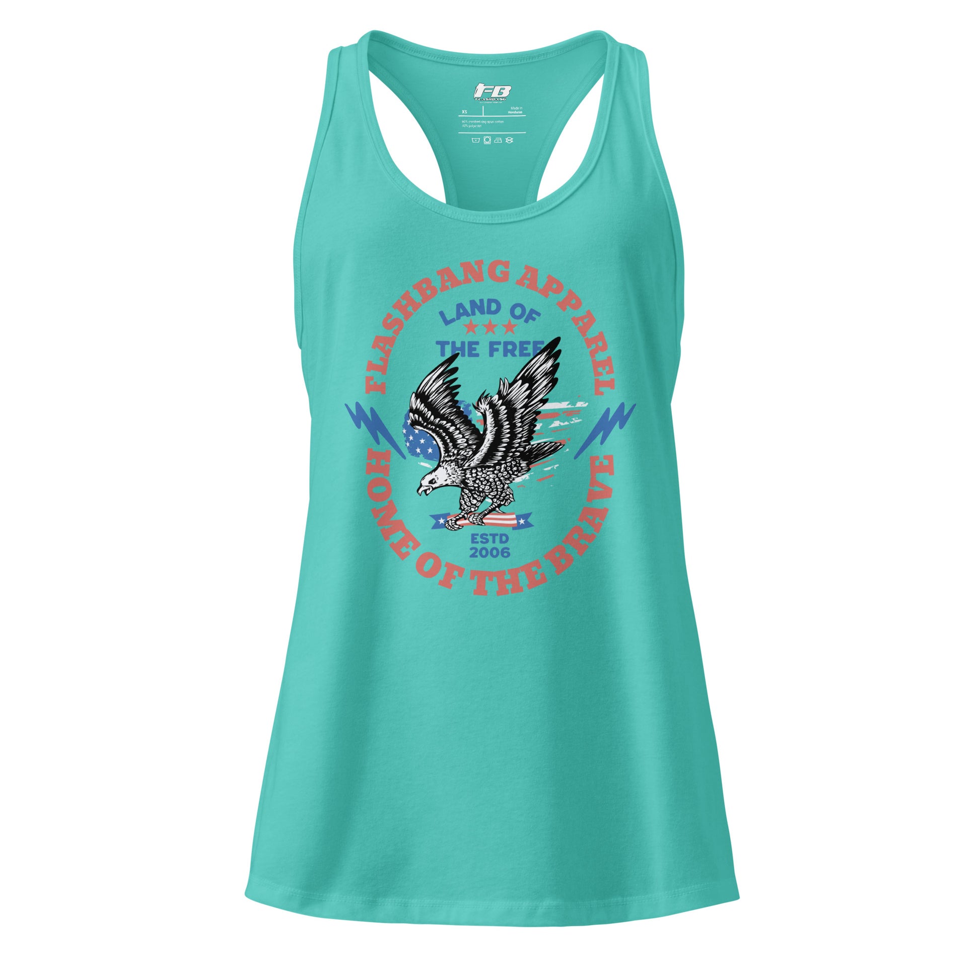 Turquoise tank top with eagle graphic and text on a white background