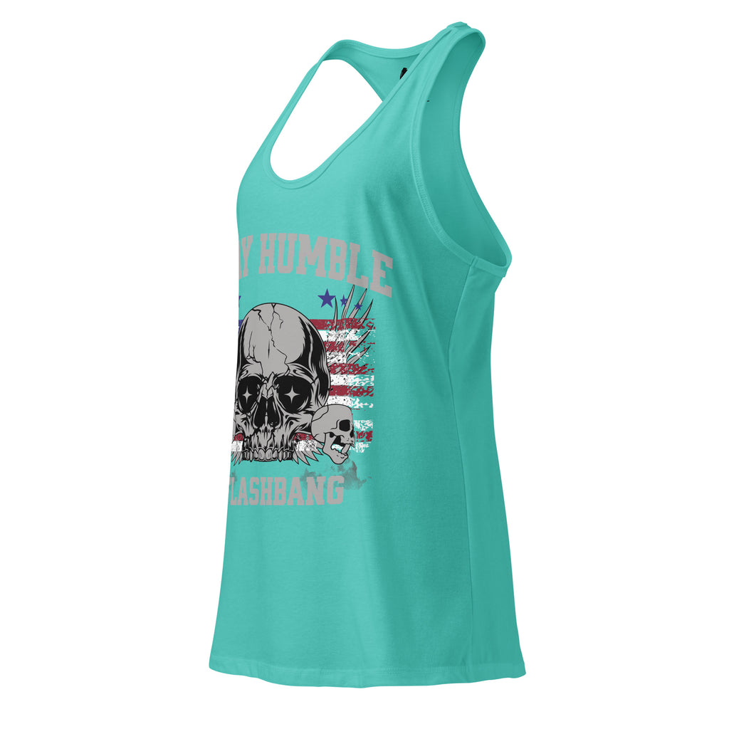 Turquoise tank top with skull design and text on a white background