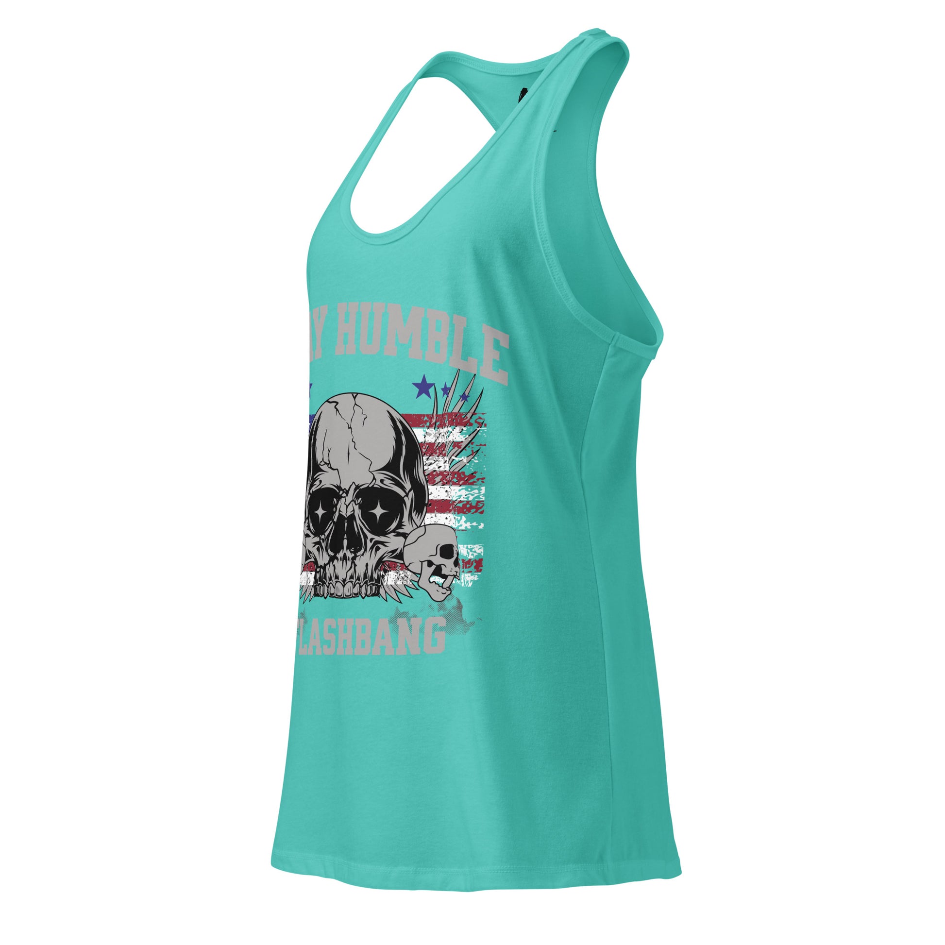 Turquoise tank top with skull design and text on a white background