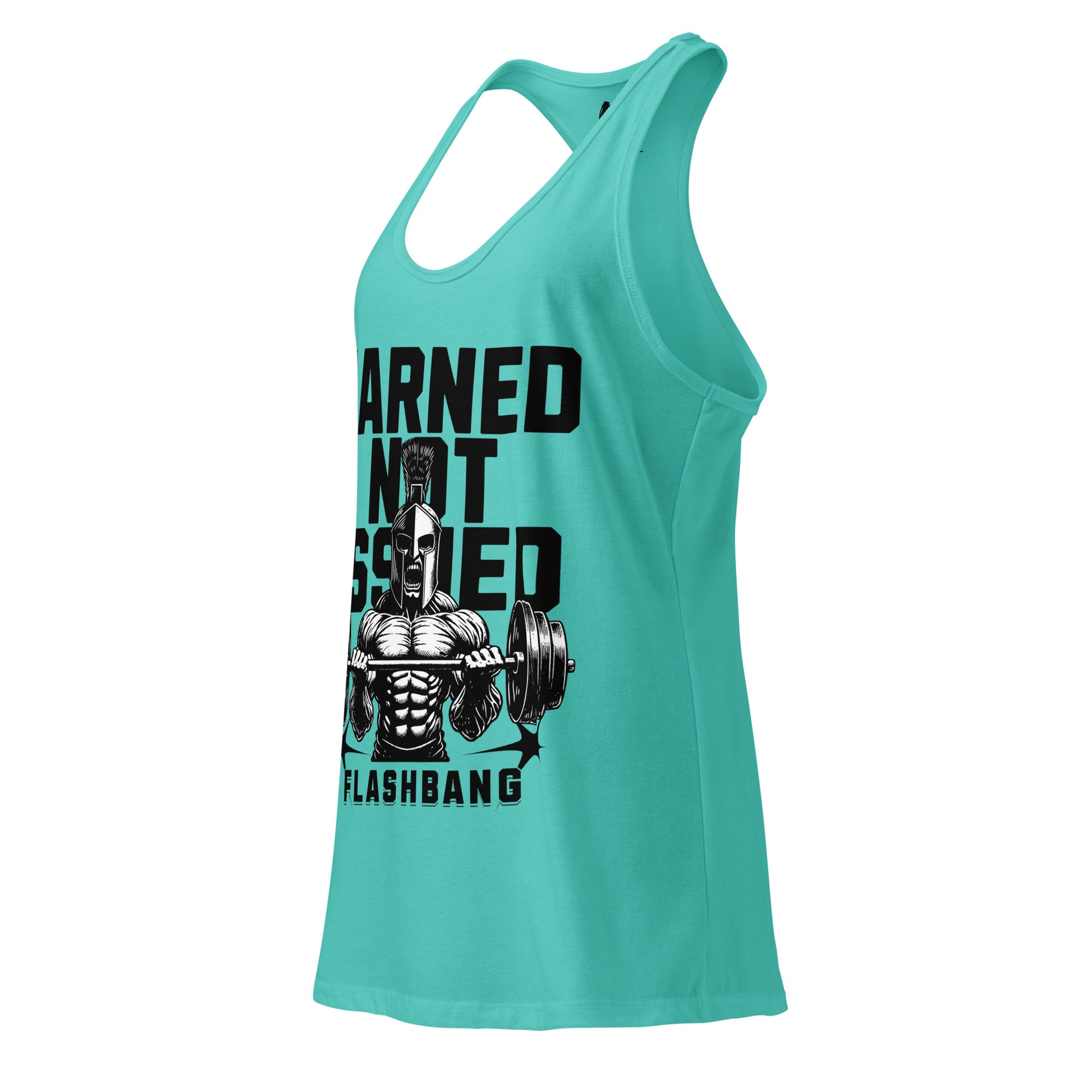 Turquoise tank top with graphic design and text on a white background