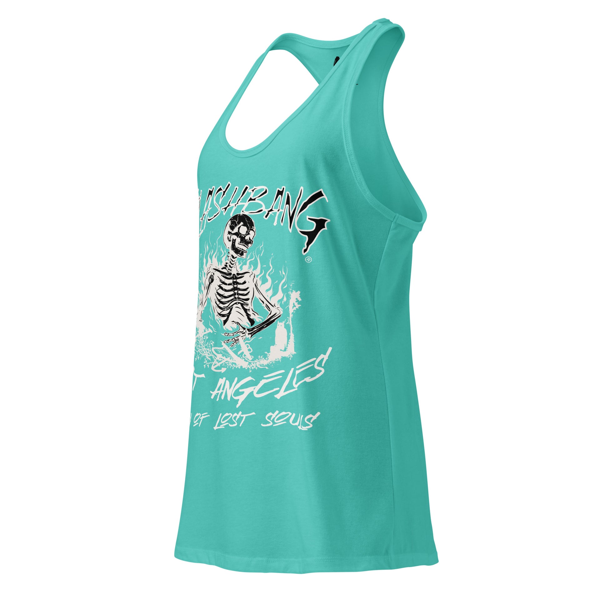 Turquoise tank top with skeleton graphic and text on a white background