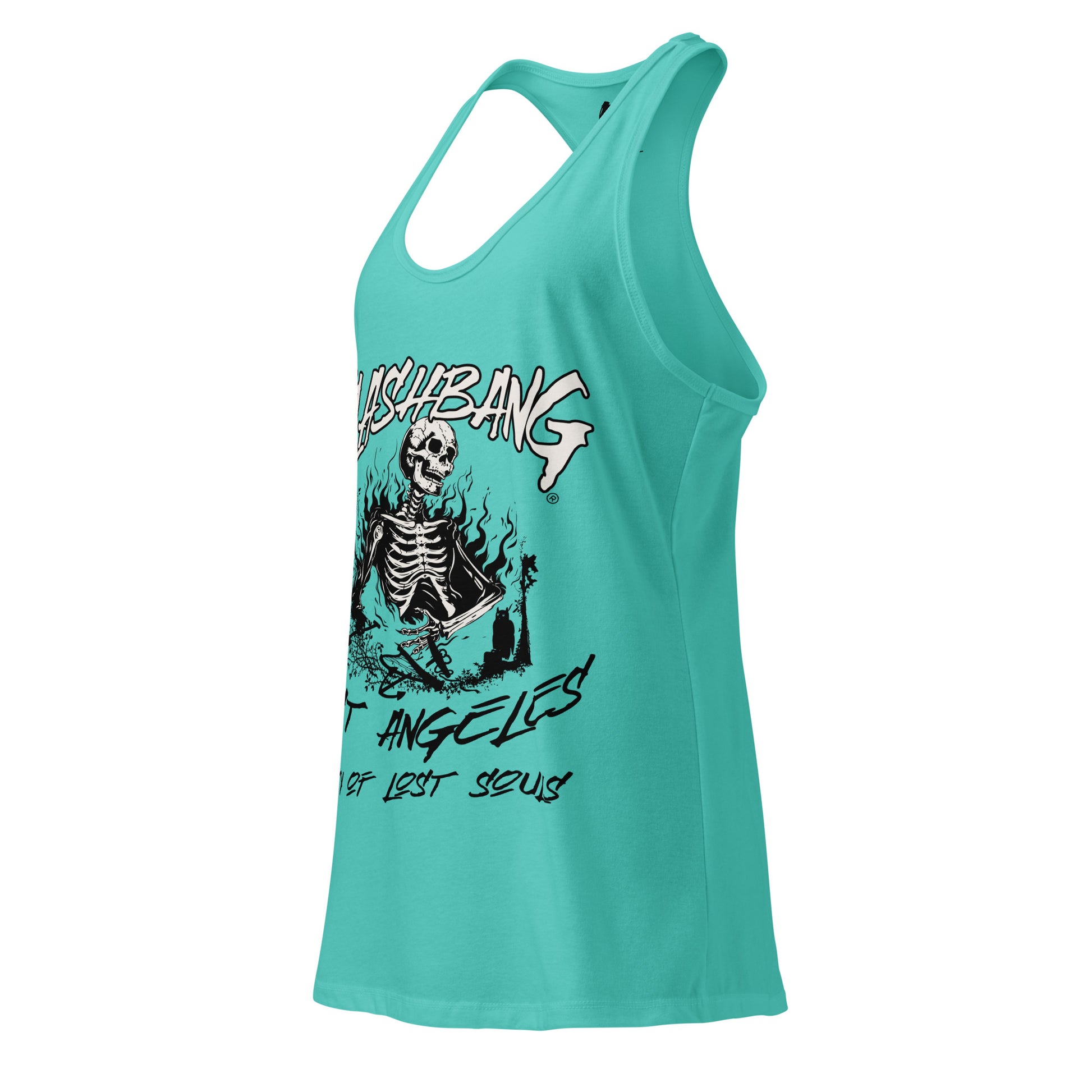 Turquoise tank top with graphic design and text on a white background