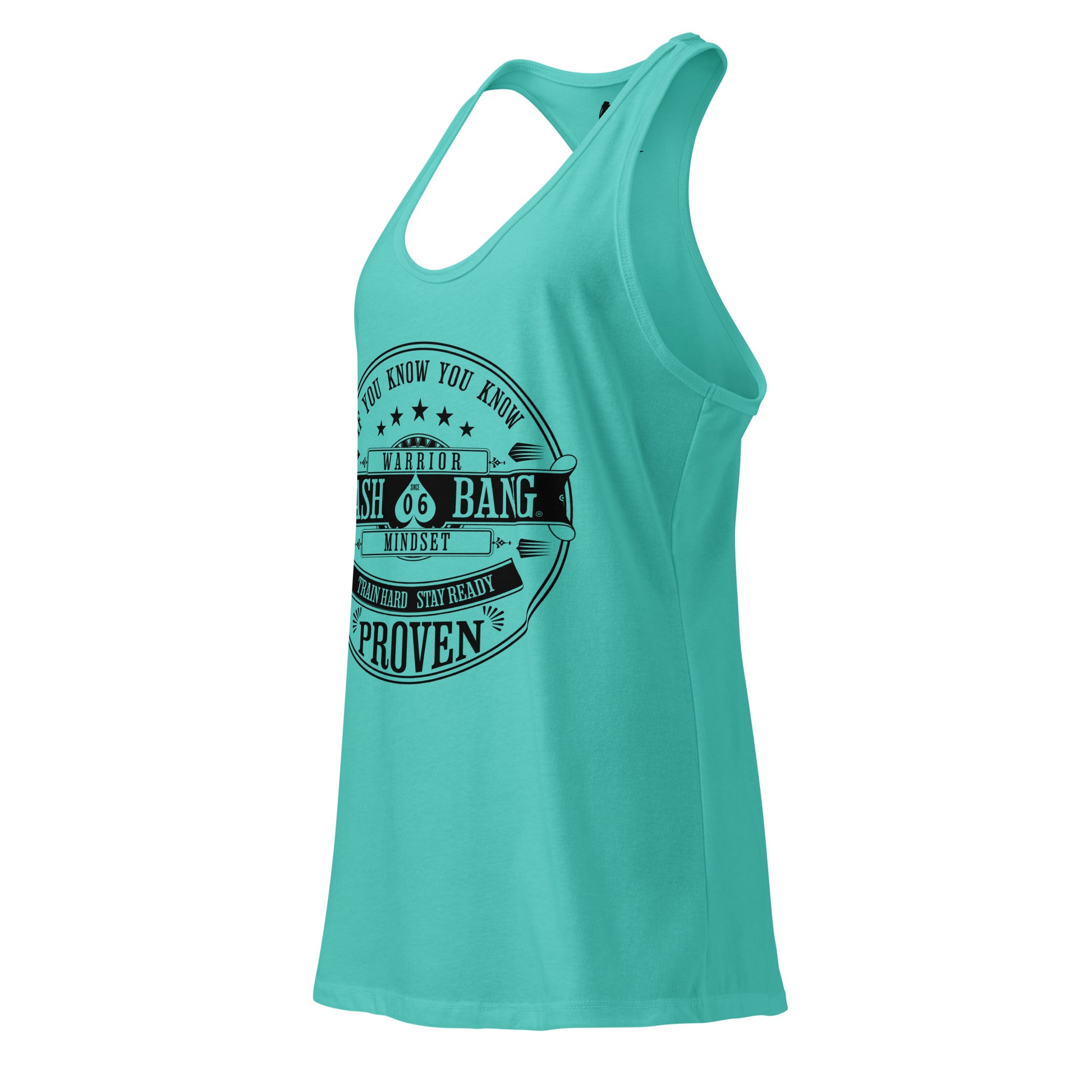 Turquoise tank top with graphic design on a white background