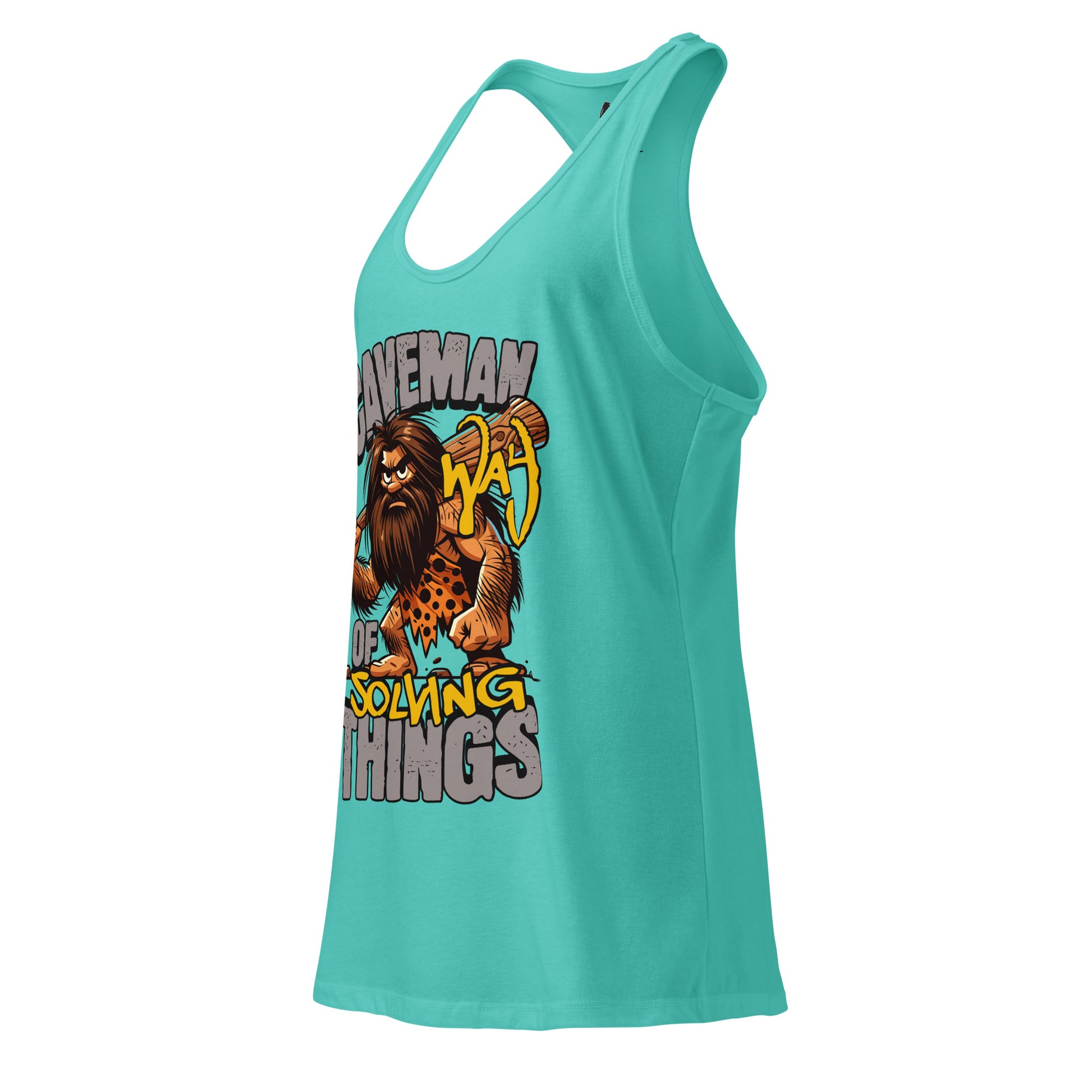 Turquoise tank top with a graphic design of a caveman and text on a white background