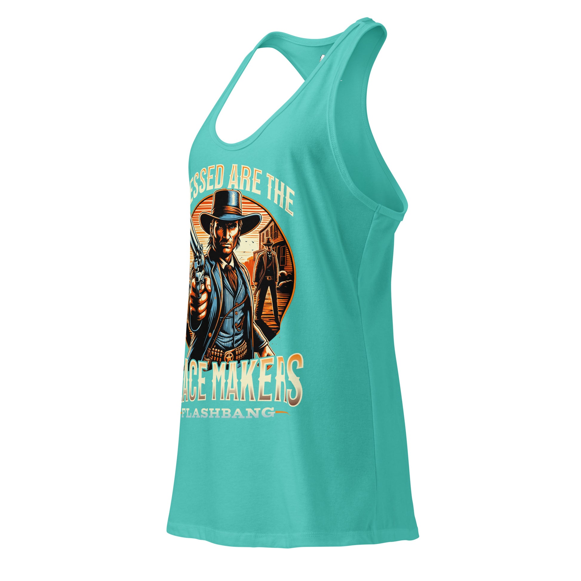 Turquoise tank top with graphic design of a cowboy and text on a white background