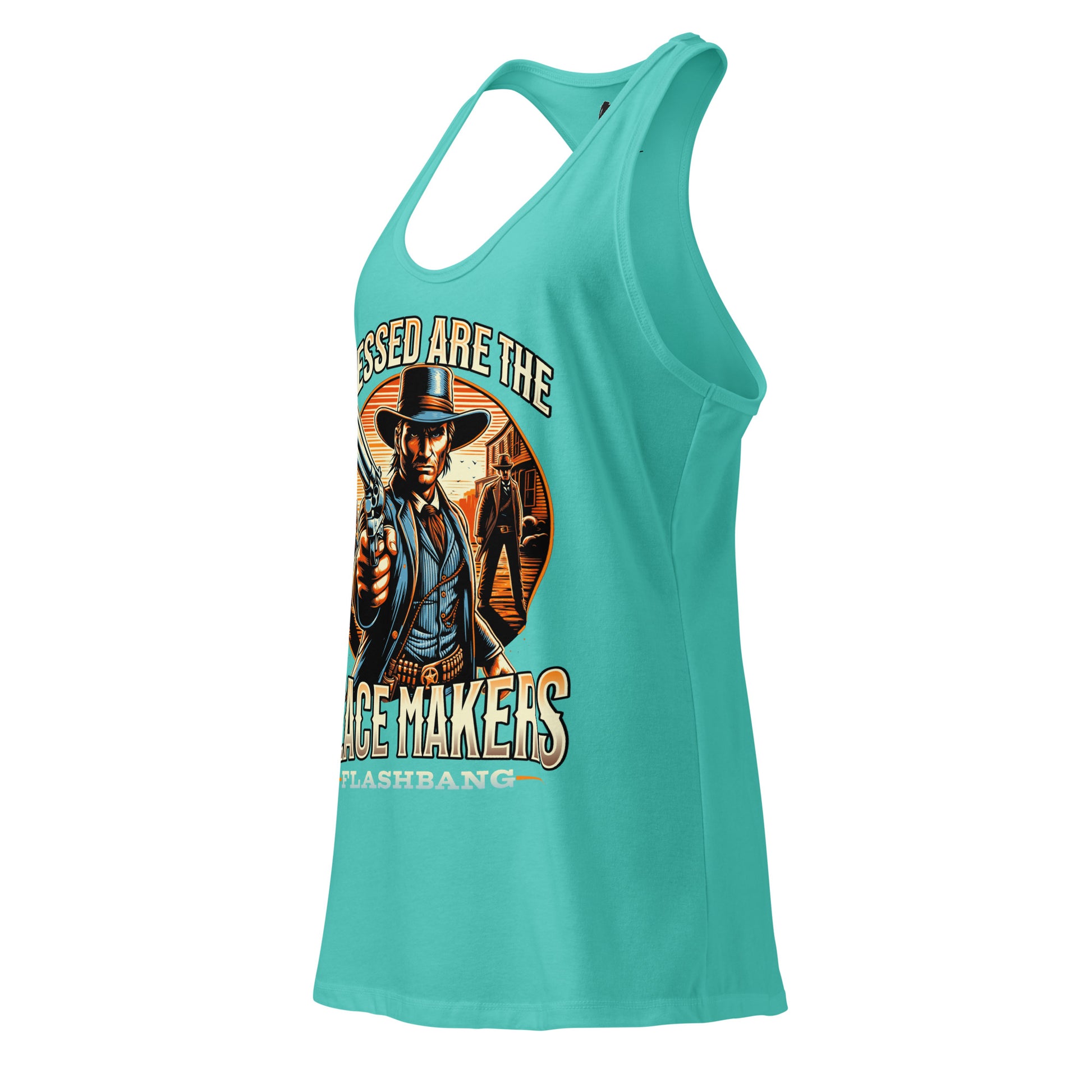Turquoise tank top with graphic design and text on a white background